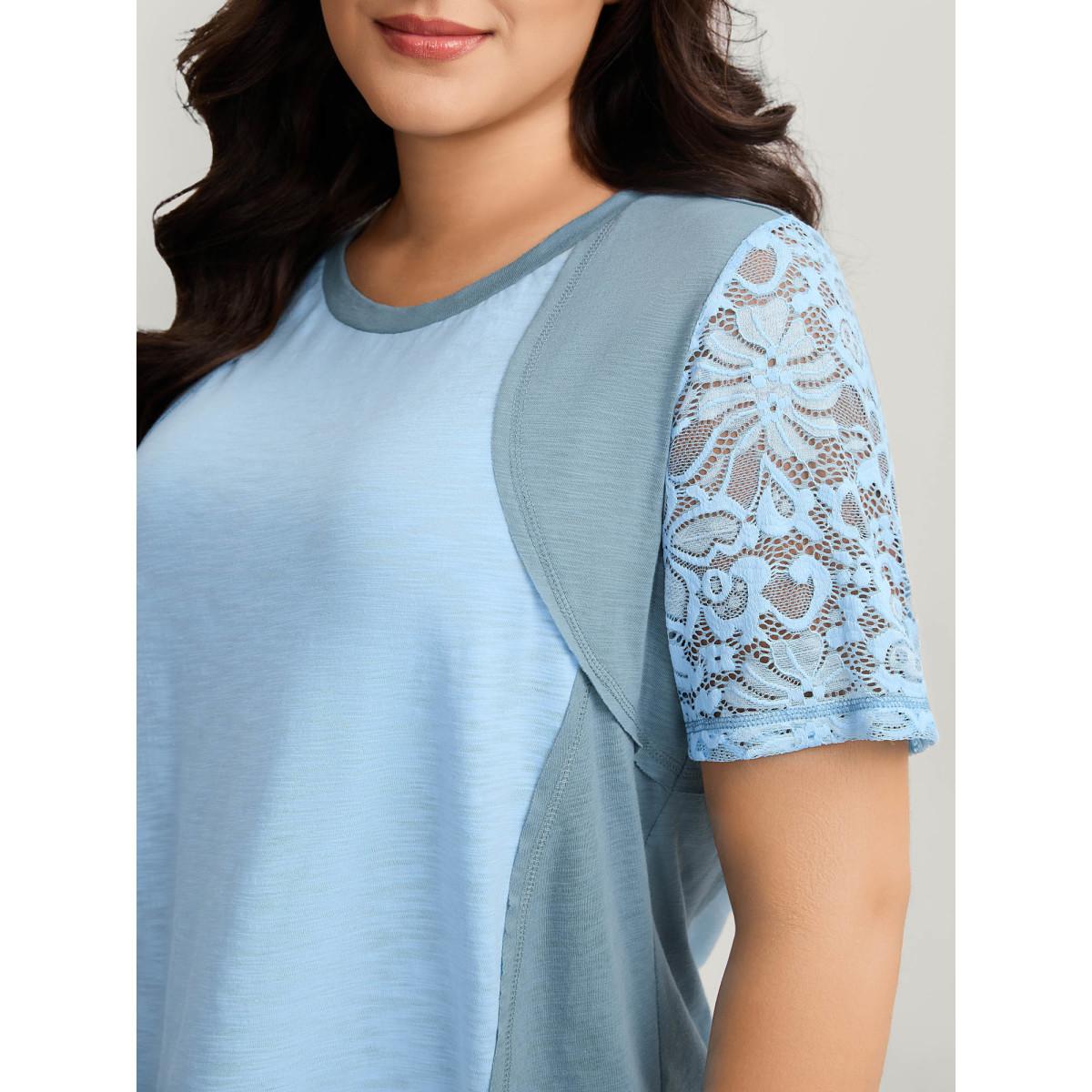 Plus Size Color Block Lace Panel Solid T-Shirt LightBlue Women See through Round Neck Everyday-Casual T-shirts BloomChic 30/6X Product Image