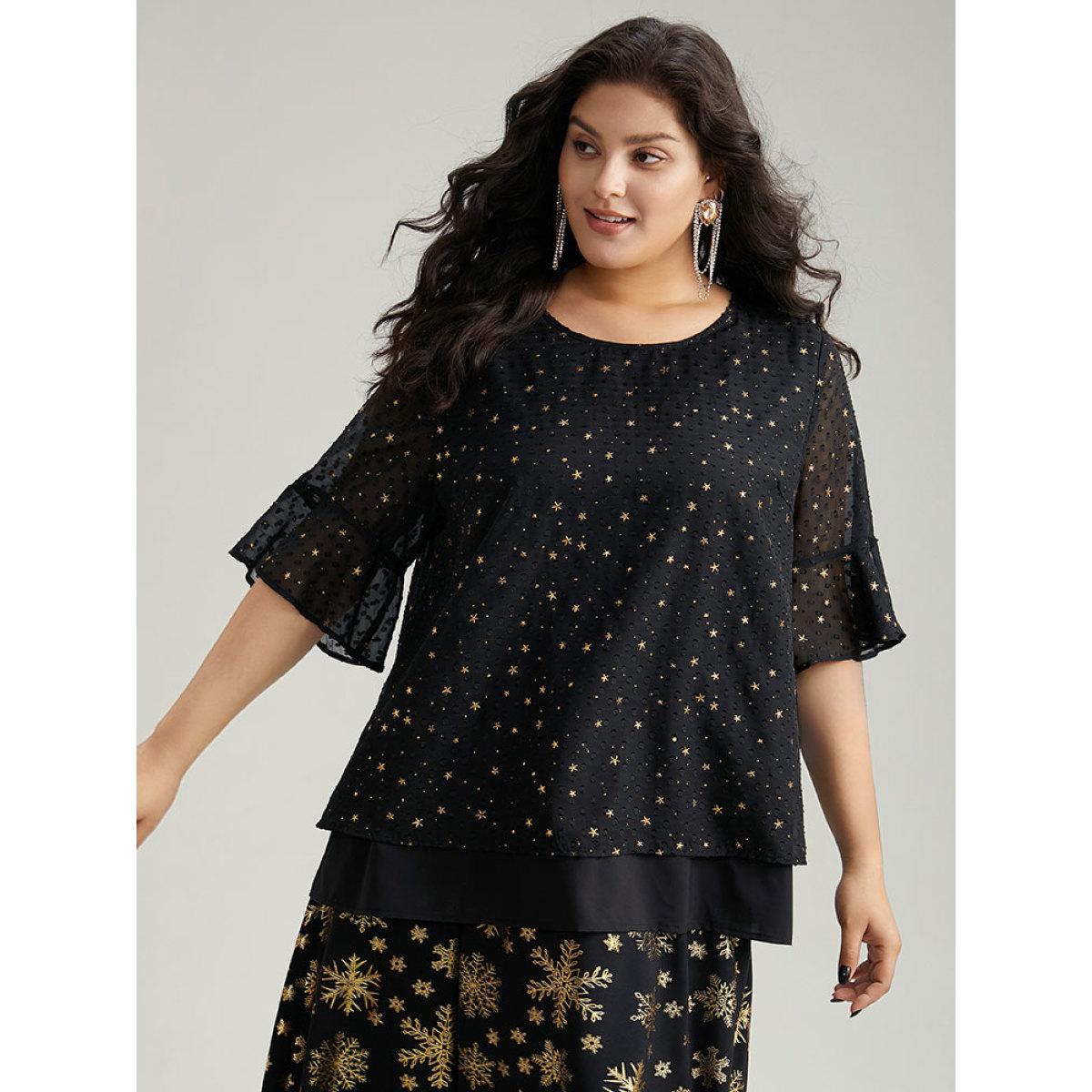 Plus Size Black Star Glitter Flutter Sleeve Mesh Blouse Women Glamour Half Sleeve Round Neck Festival-Christmas Blouses BloomChic 14-16/1X Product Image