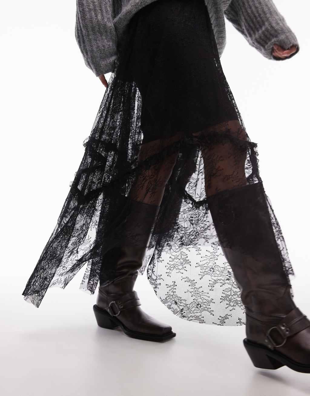 AllSaints Josie lace tulle midi skirt in black Product Image