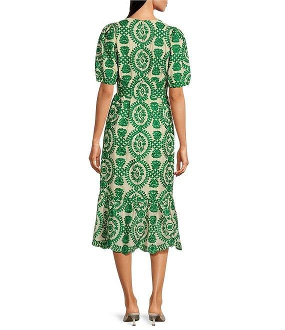 Adelyn Rae Eyelet Embroidered Puff Short Sleeve V-Neck Midi Dress Product Image