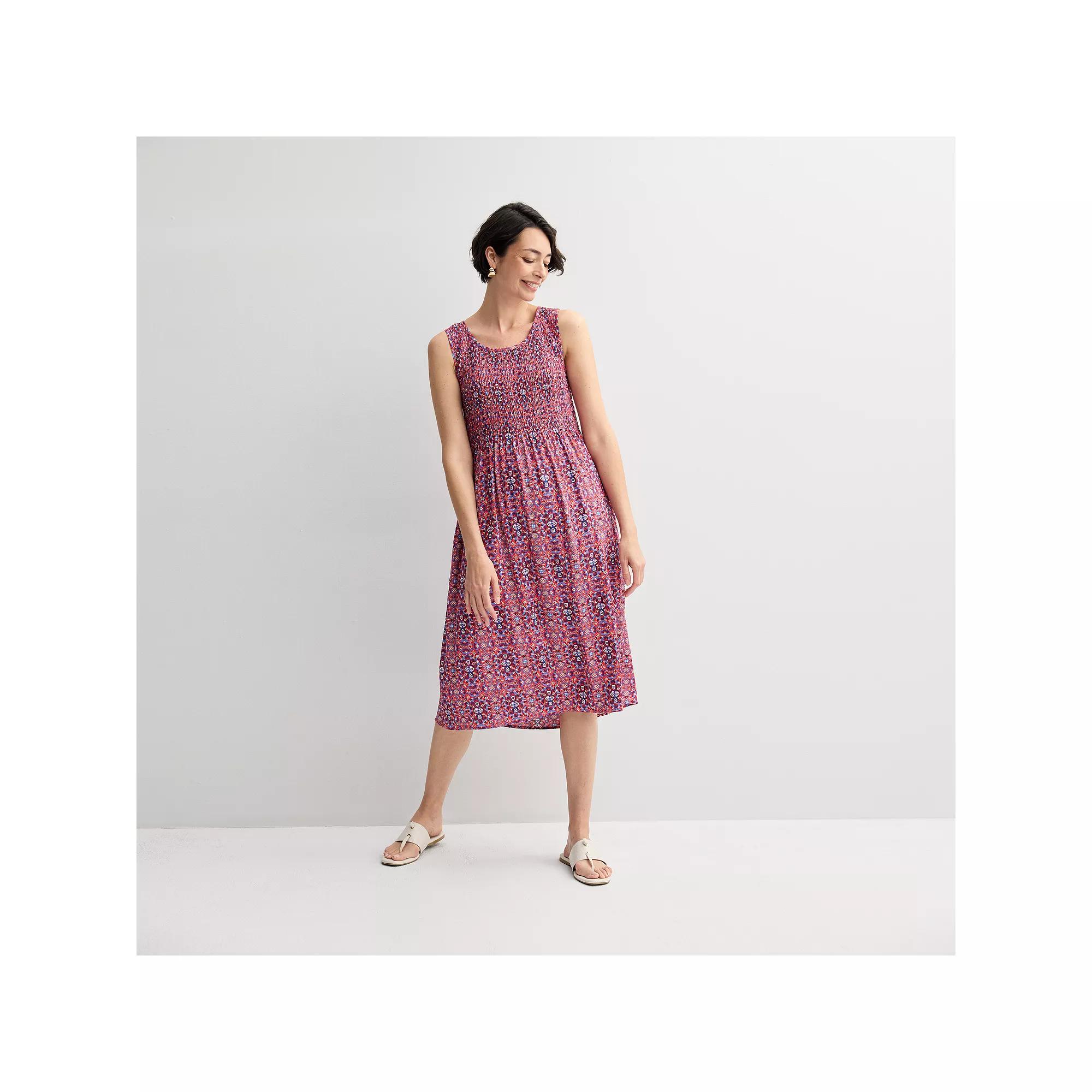 Women's Croft & Barrow® Smocked Midi Dress, Size: Medium, Red Blue Ornate Tile Product Image