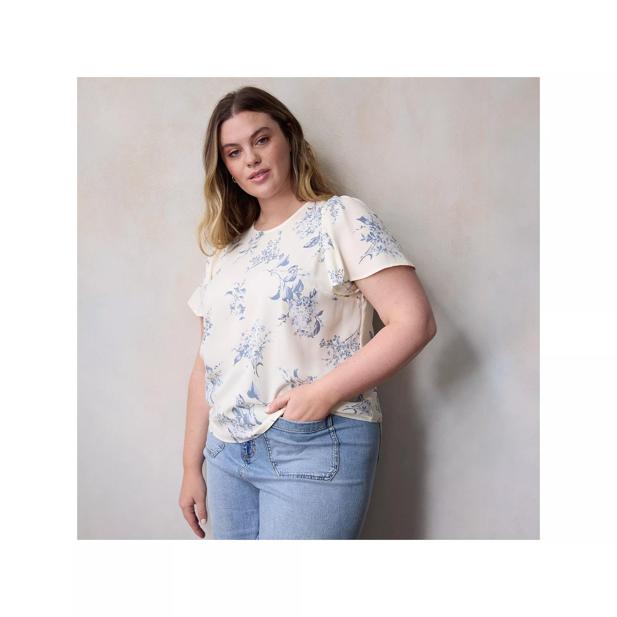 Women's Plus LC Lauren Conrad Tie Front Flutter Sleeve Top, Size: 0X, Ivory Belle Toile Product Image