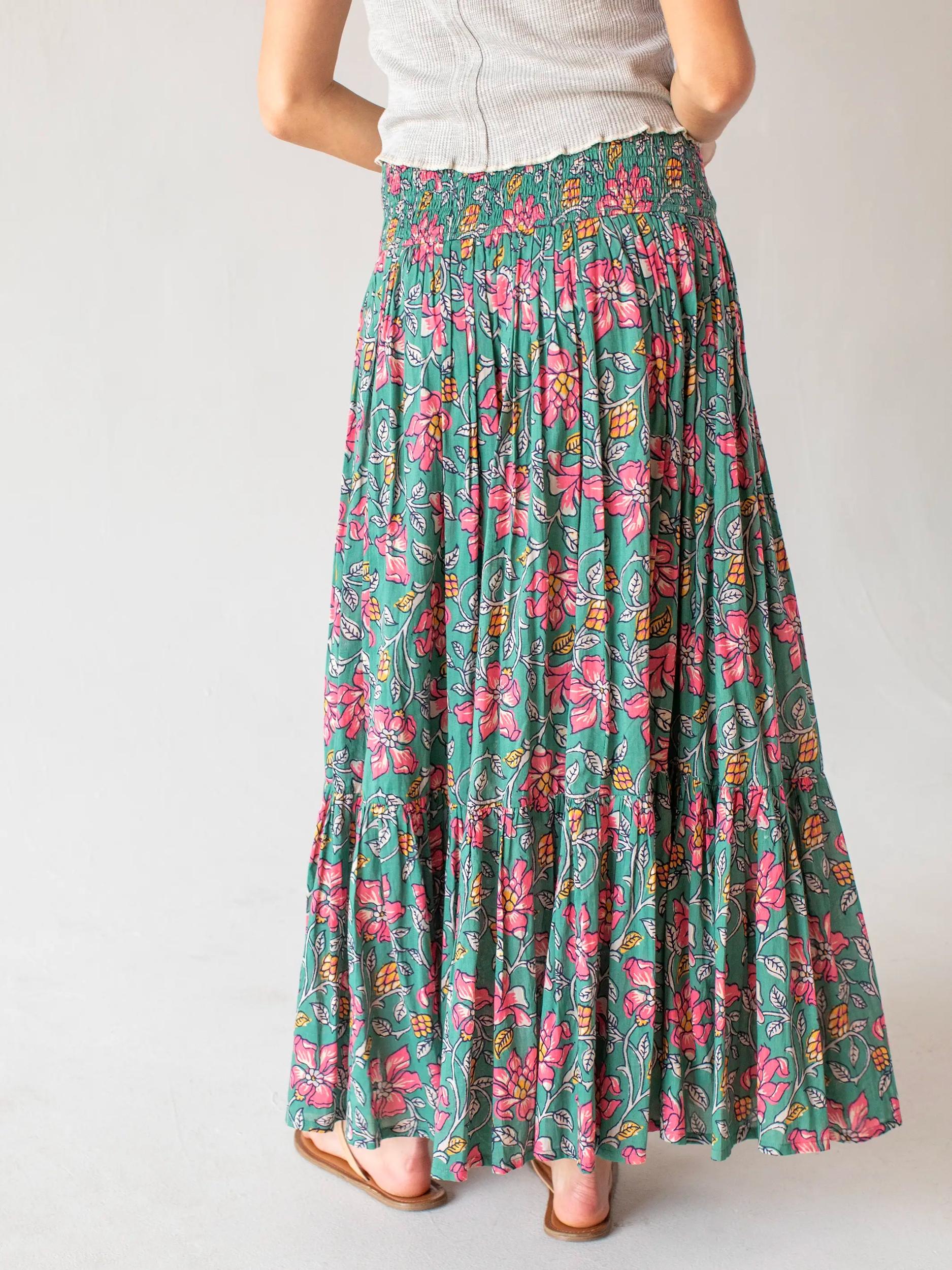 Flora Convertible Maxi Skirt - Teal Pink Lilies Cotton Product Image