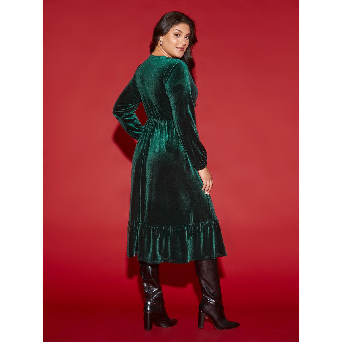 Plus Size Velvet Front Button Pleated Midi Dress DarkGreen Women Cocktail Texture V-neck Long Sleeve Curvy BloomChic 12/L Product Image