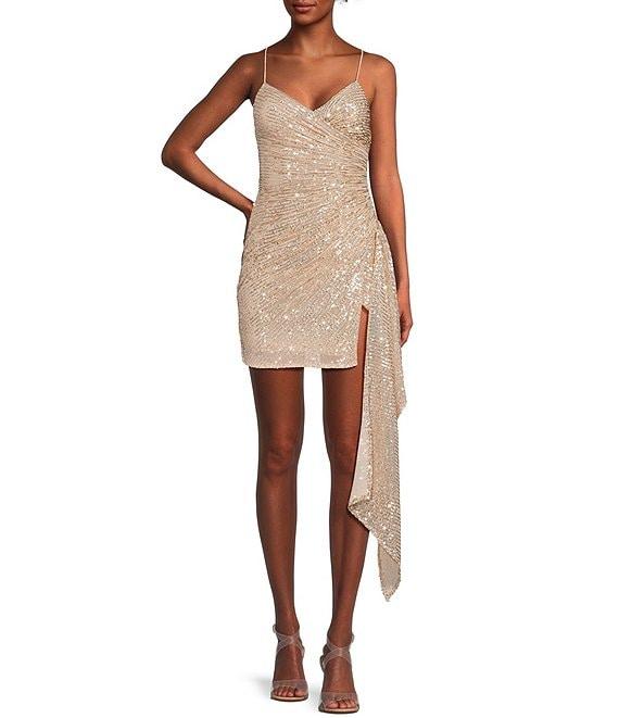 GB Social Ruched Sequin Asymmetrical Hem Tie Back Mini Dress Product Image