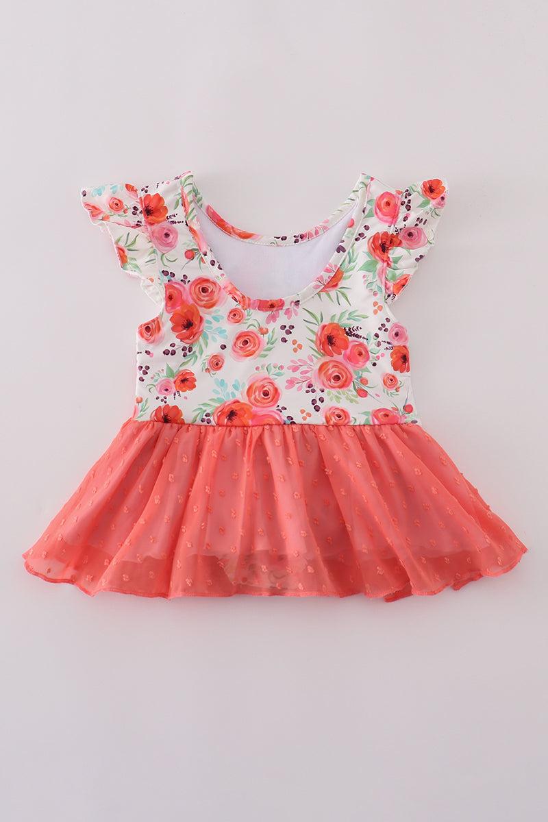 Coral floral print swiss dot leotard Product Image