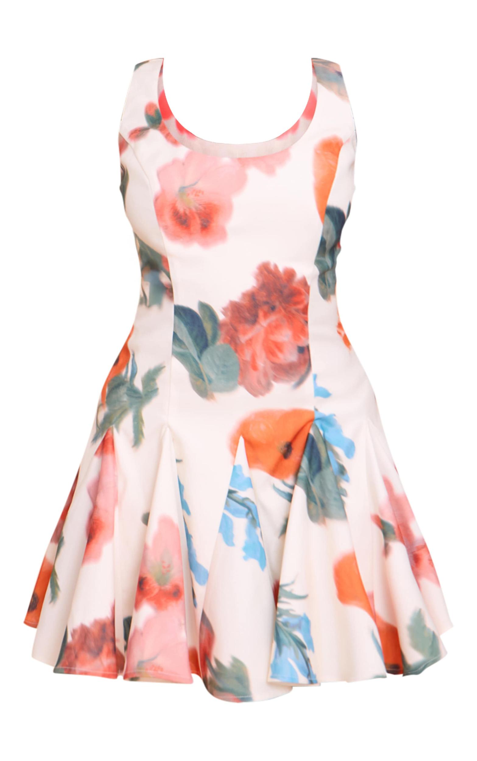 Cream Floral Printed Woven Godet Detail Shift Dress Product Image