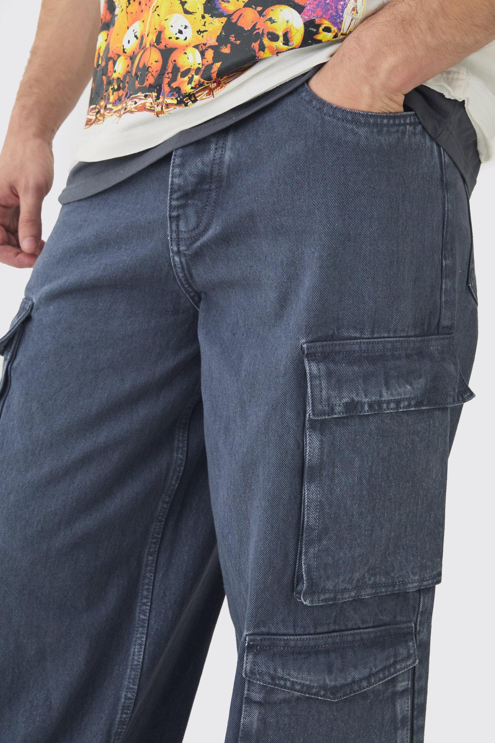 Tall Baggy Fit Washed Multi Pocket Cargo Jeans | boohooMAN USA Product Image