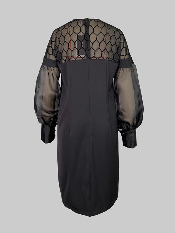 Long Sleeves Loose Hollow Solid Color Split-Joint Round-Neck Mini Dresses Product Image