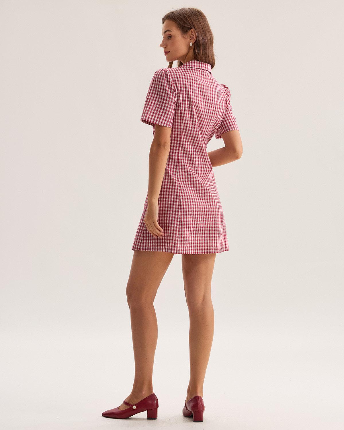 Red Plaid Pocket Button Mini Dress Product Image