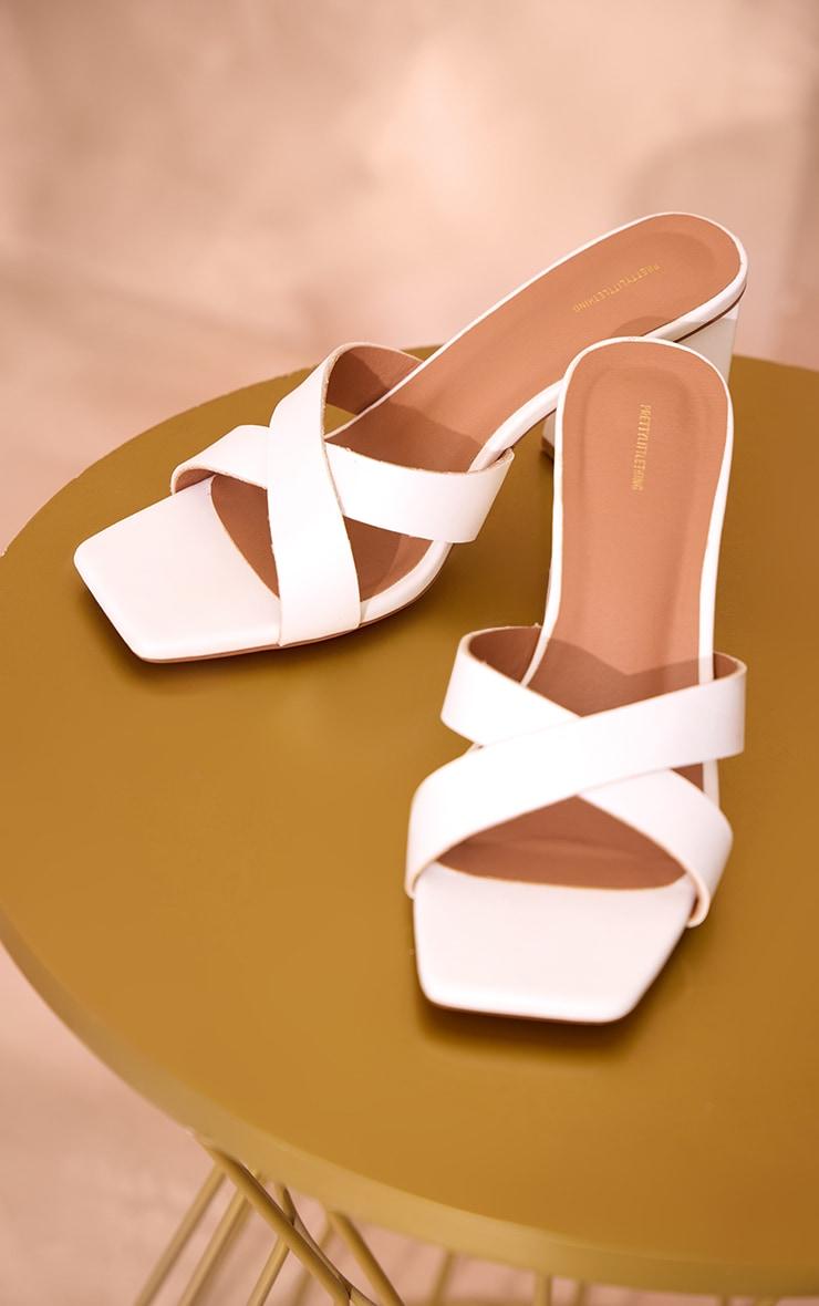 White Pu Cross Strap Block Heeled Mules Product Image