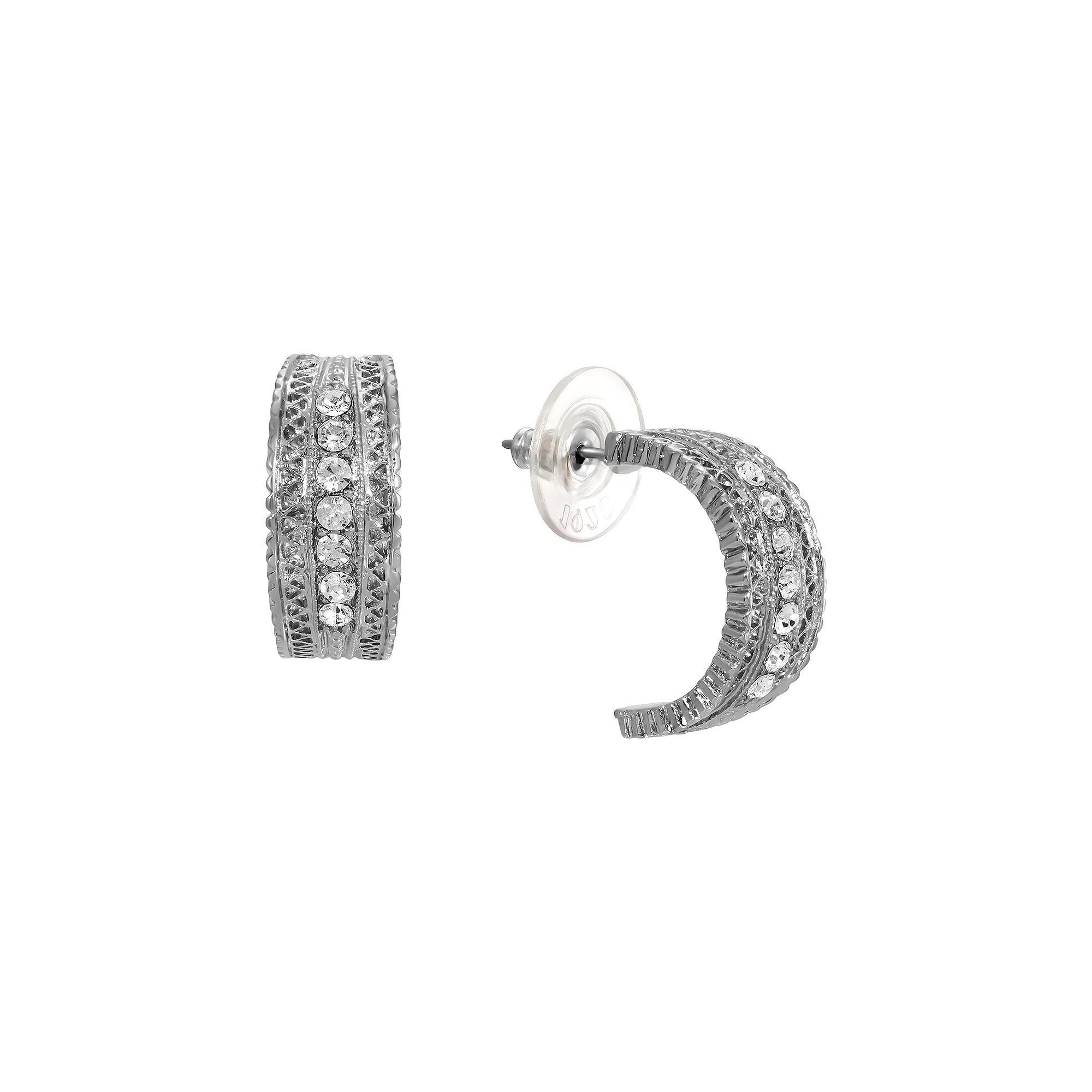 1928 Silver Tone and Crystal Hoop Earrings, Womens, White Product Image
