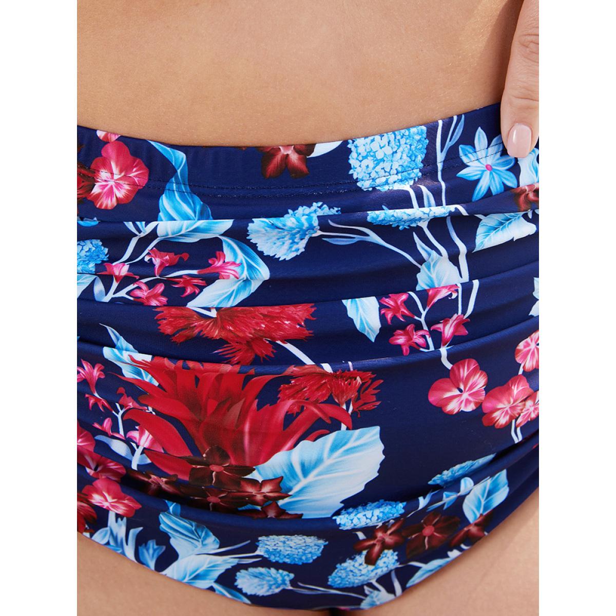 Plus Size Tropical Print Gathered High Waist Swim Bottom Women's Swimwear Indigo Vacation Gathered High stretch Skinny High Rise Curve Swim Bottoms BloomChic 14-16/1X Product Image