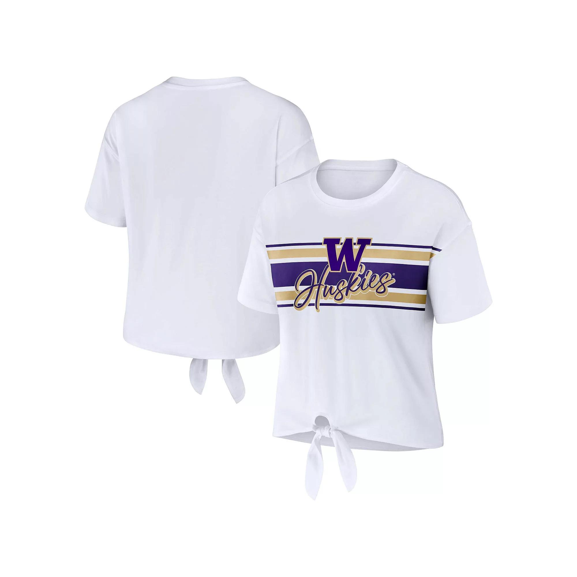 Women's WEAR by Erin Andrews White Washington Huskies Striped Front Knot Cropped T-Shirt,  Product Image