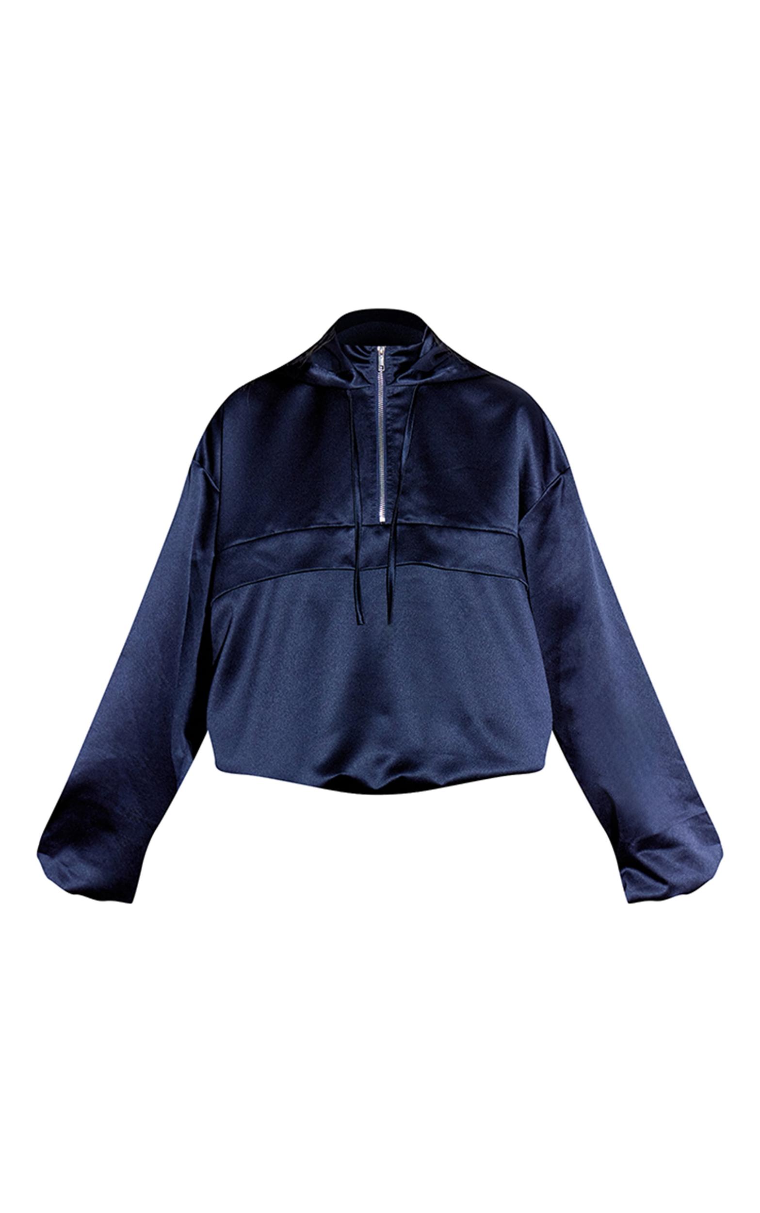 Navy Satin Zip Up Hooded Pullover Jacket Product Image