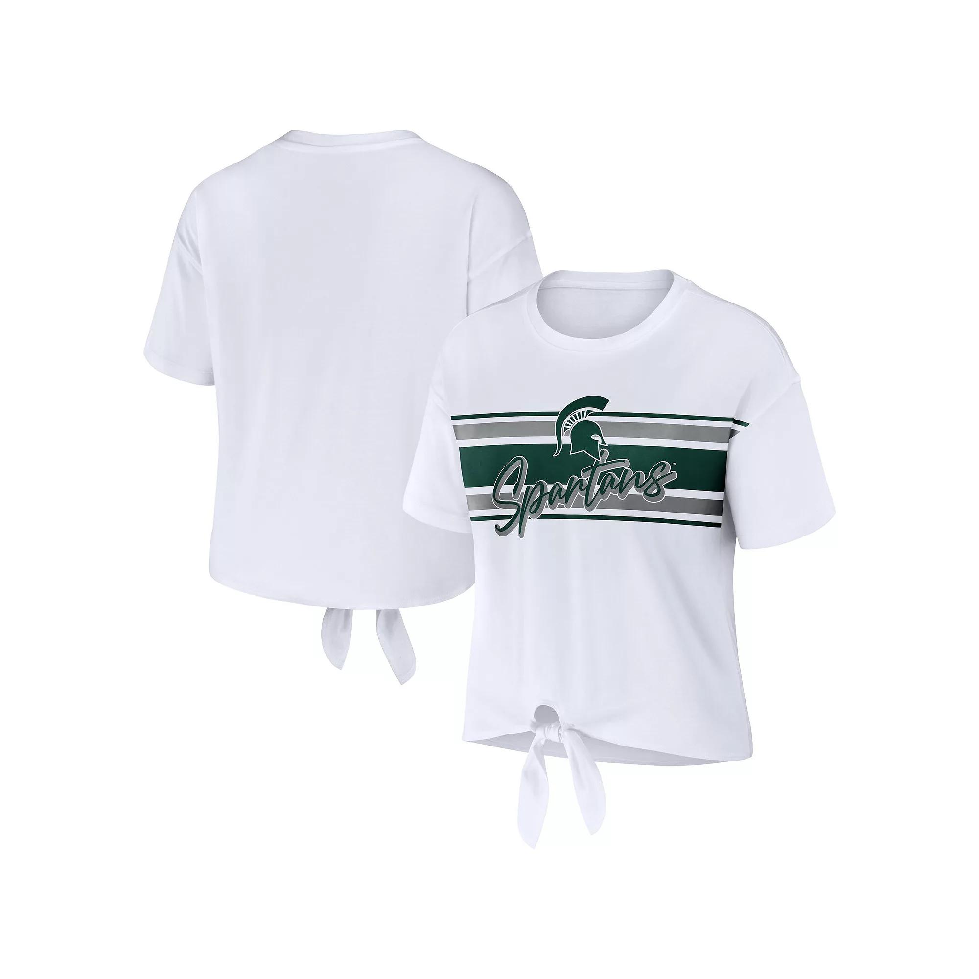 Women's WEAR by Erin Andrews White Michigan State Spartans Striped Front Knot Cropped T-Shirt,  Product Image