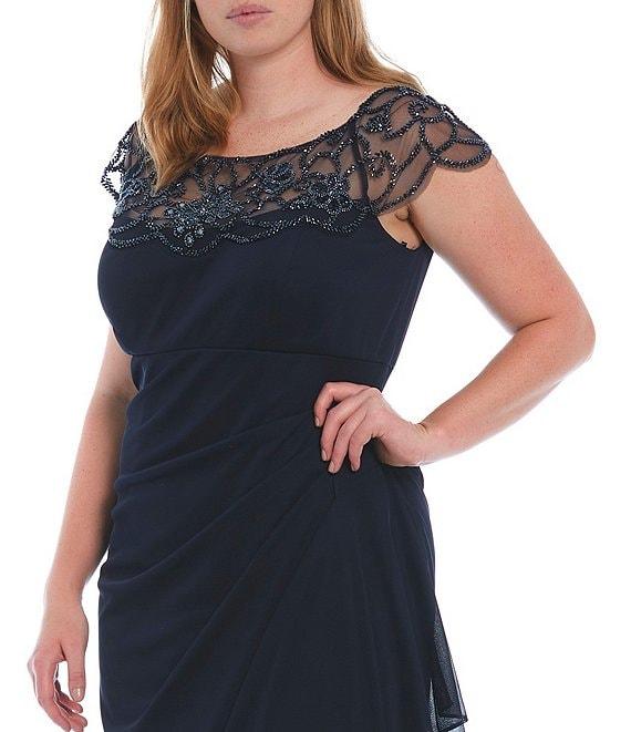 Xscape Plus Size Beaded Cap Sleeve Illusion Crew Neck Ruched Gown Product Image