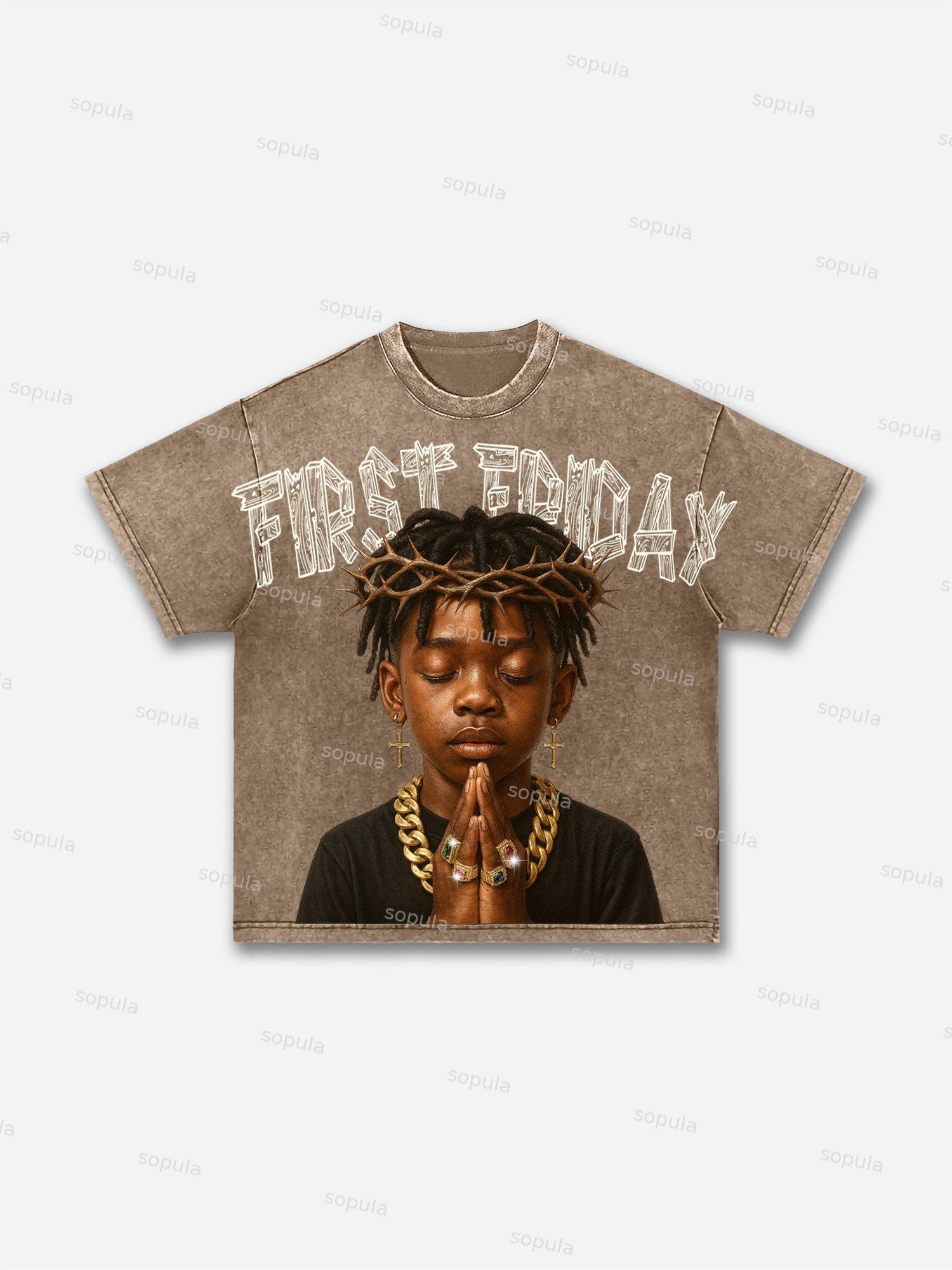First Friday Devotion Retro Graphic Acid Wash T-shirt Product Image