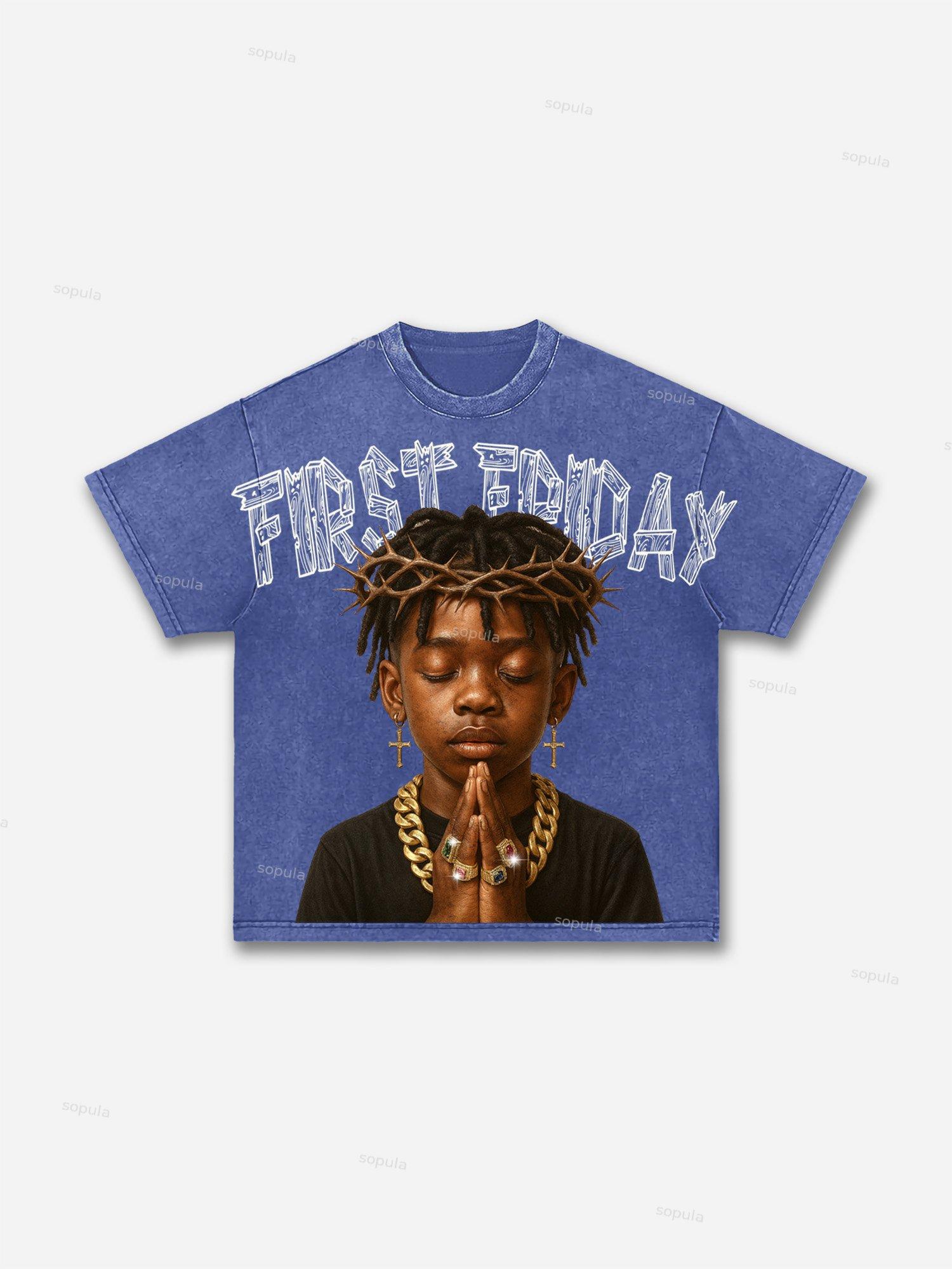 First Friday Devotion Retro Graphic Acid Wash T-shirt Product Image