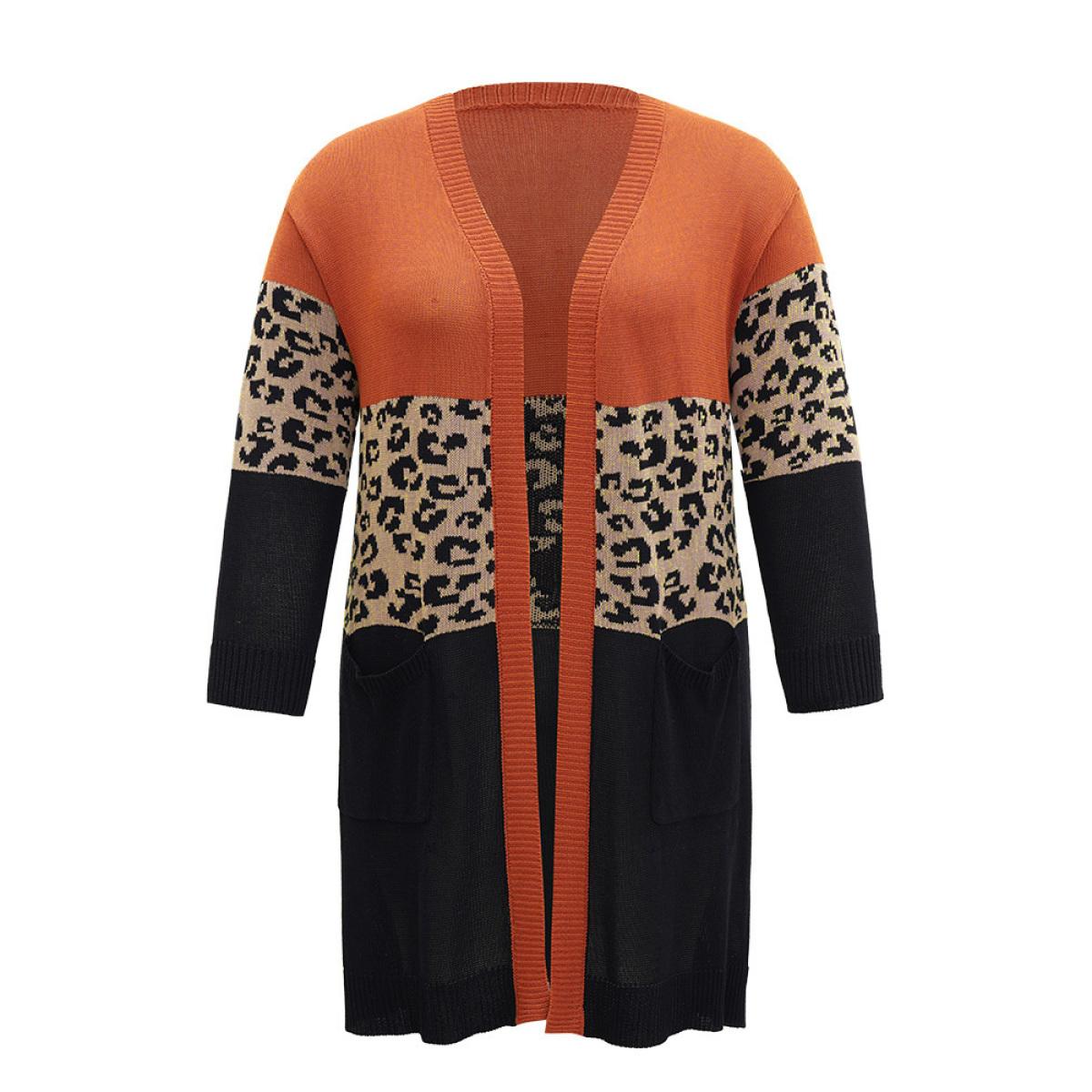 Plus Size Leopard Colorblock Patchwork Patched Pocket Cardigan Multicolor Women Casual Loose Long Sleeve Dailywear Cardigans BloomChic 28/5X Product Image