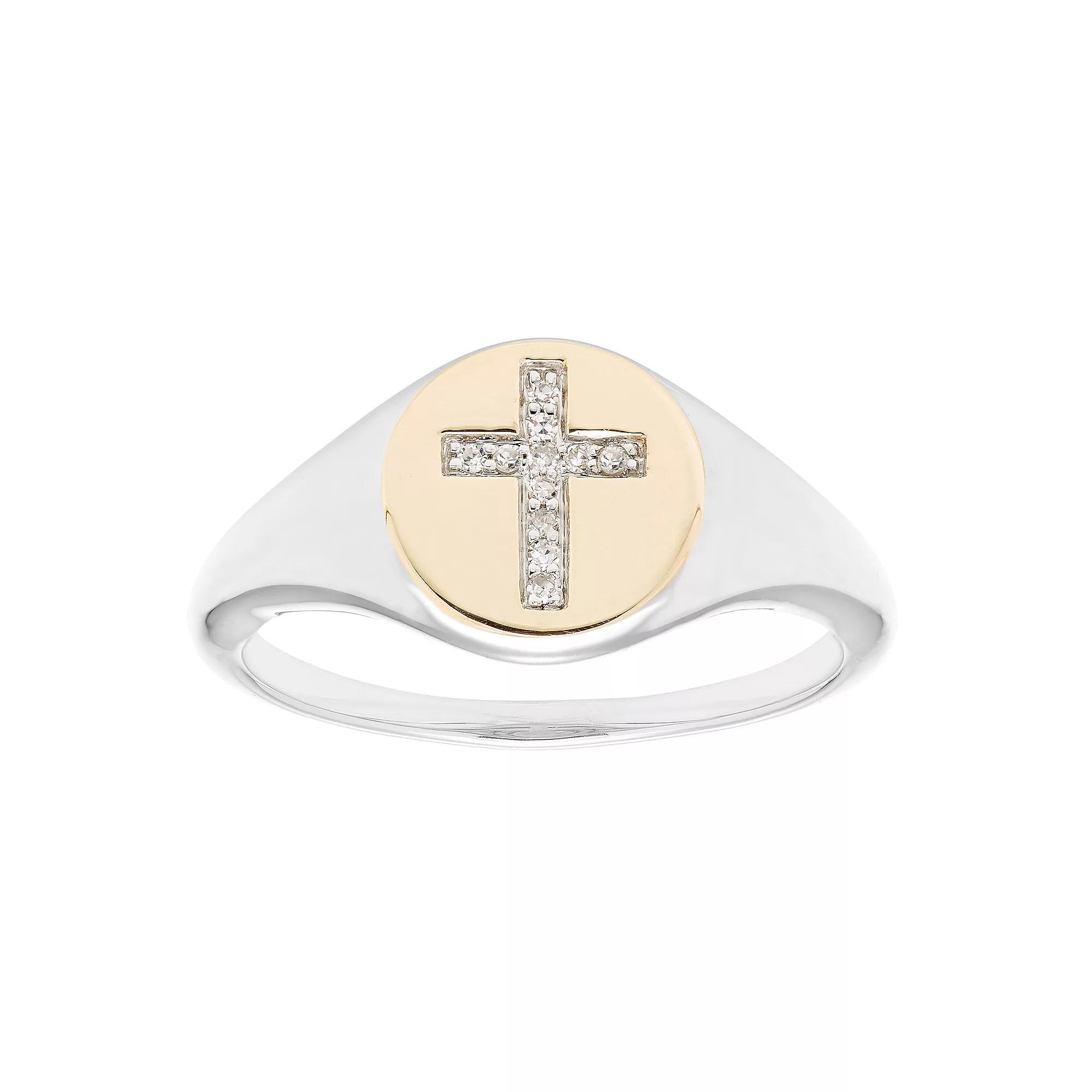 Its Personal 14k Gold Over Sterling Silver Diamond Accent Cross Signet Ring, Womens Two Tone Product Image