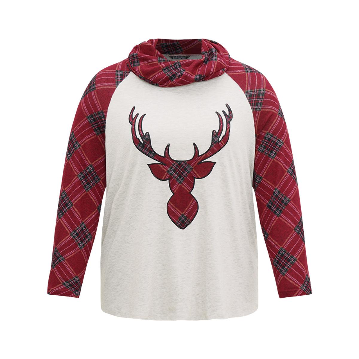 Plus Size Elk Plaid Patchwork Cowl Neck T-shirt LightGray Women Casual Contrast Christmas Cowl Neck Festival-Christmas T-shirts BloomChic 10/M Product Image