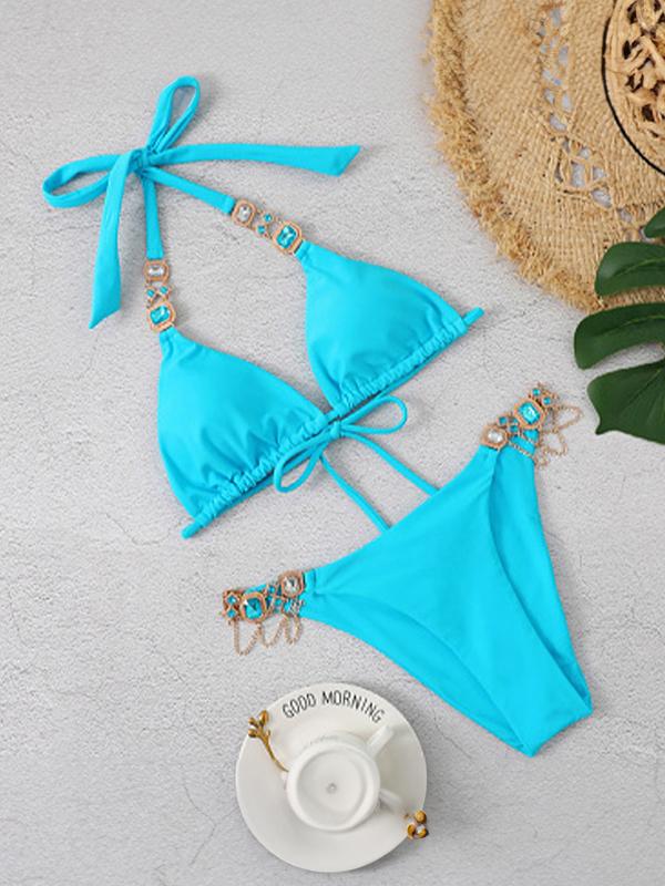 Solid Gem Engraved Halter Tie Back Bikinis Product Image