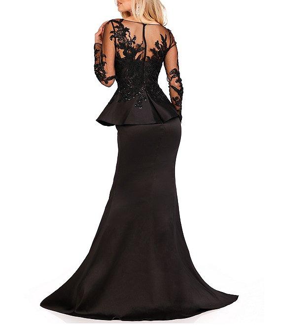Terani Couture Embroidered Illusion Round Neck Long Sleeve Front Slit Ruffled Mermaid Gown Product Image