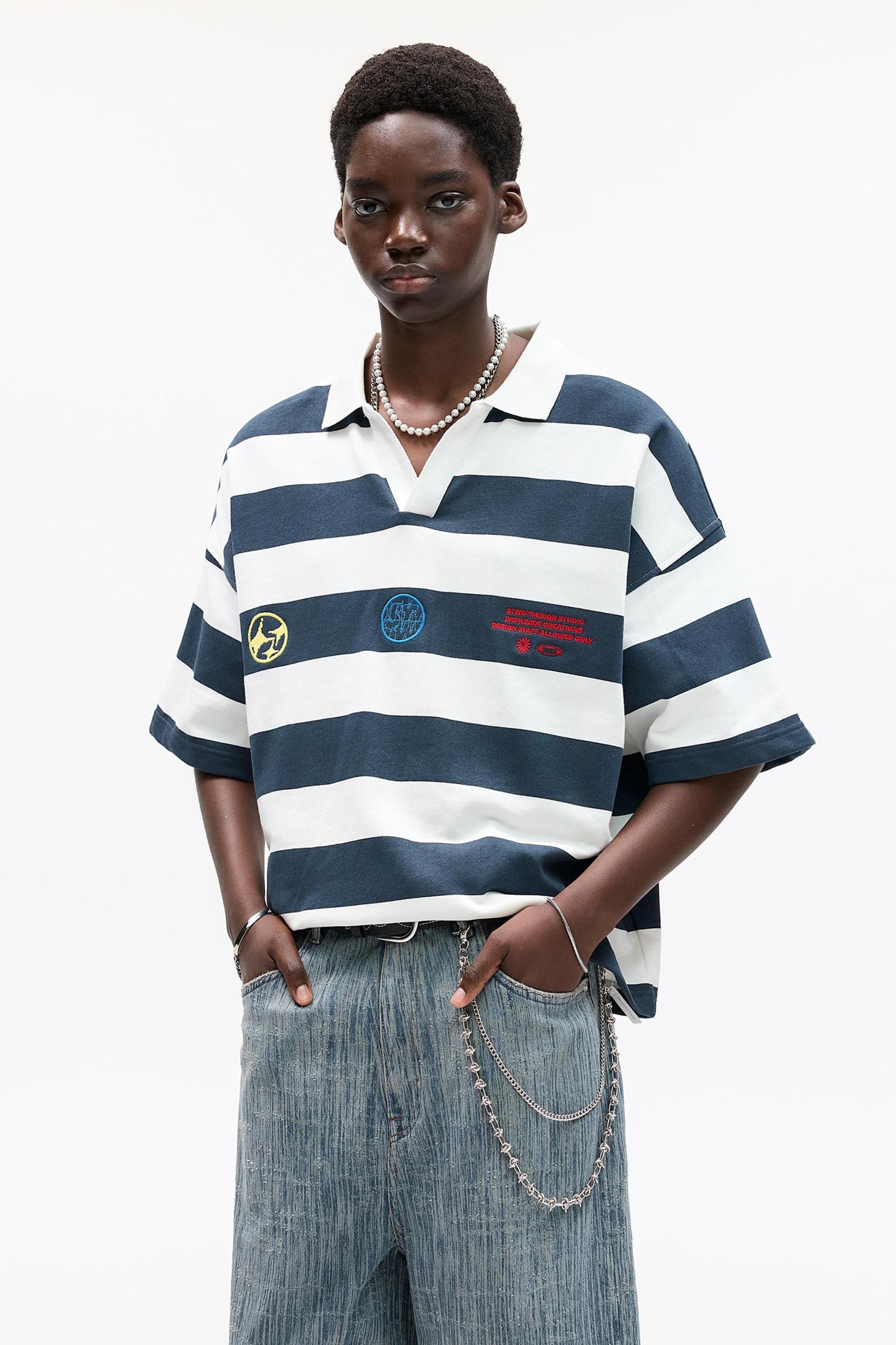 Embroidered striped short sleeve polo shirt Product Image