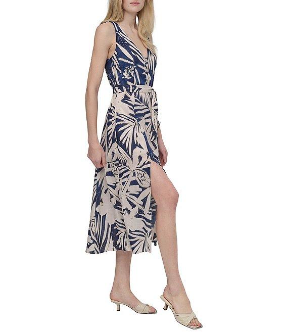DKNY by Donna Karan Floral Print V-Neck A-Line Midi Dress Product Image
