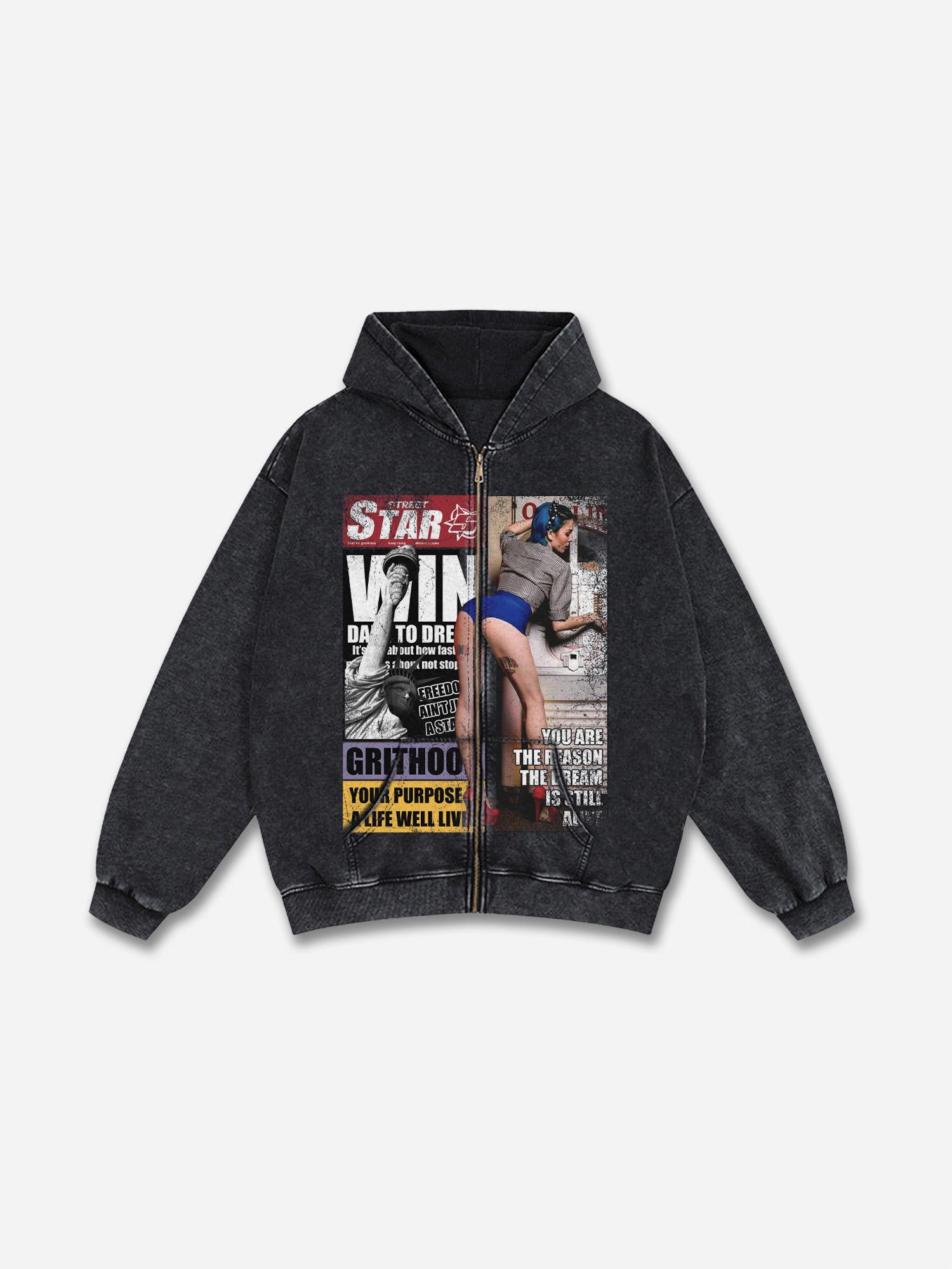 New York Times Street Star Vintage Graphic Washed Zip-Up Hoodie Product Image