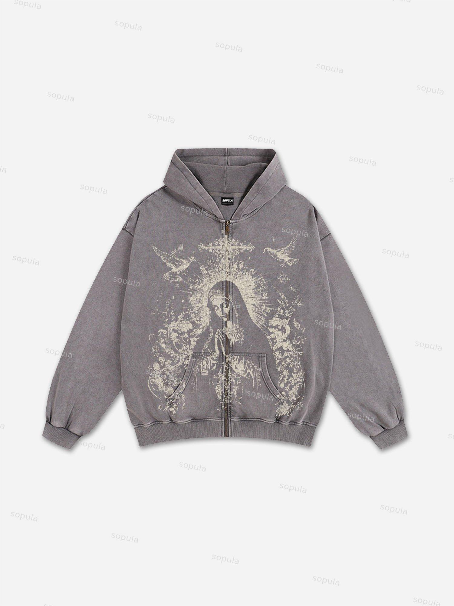 Sopula Virgin Mary Praying Vintage Graphic Washed Oversized Zip Up Hoodie Product Image