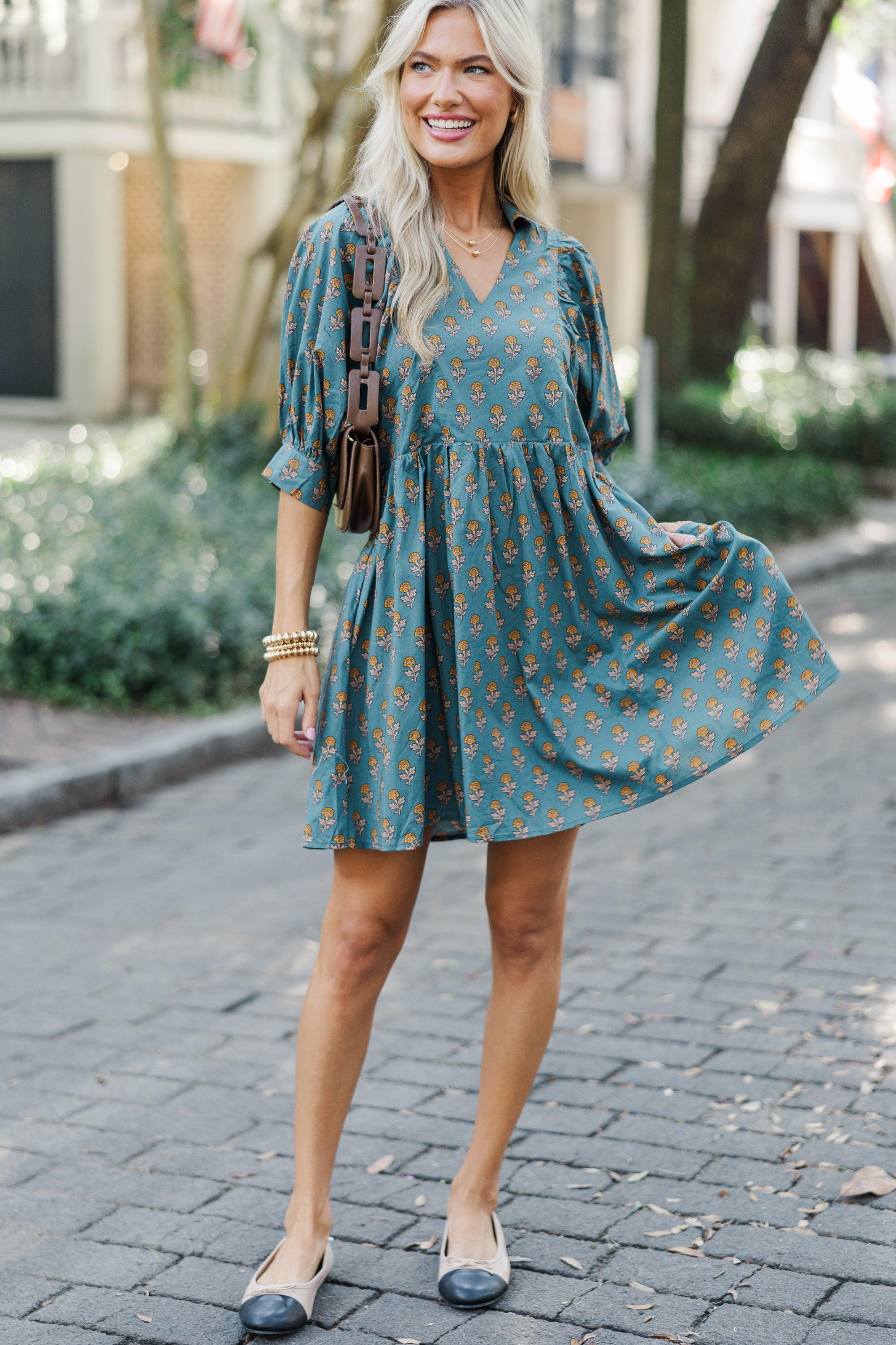 Know It All Forest Green Floral Babydoll Dress Female Product Image