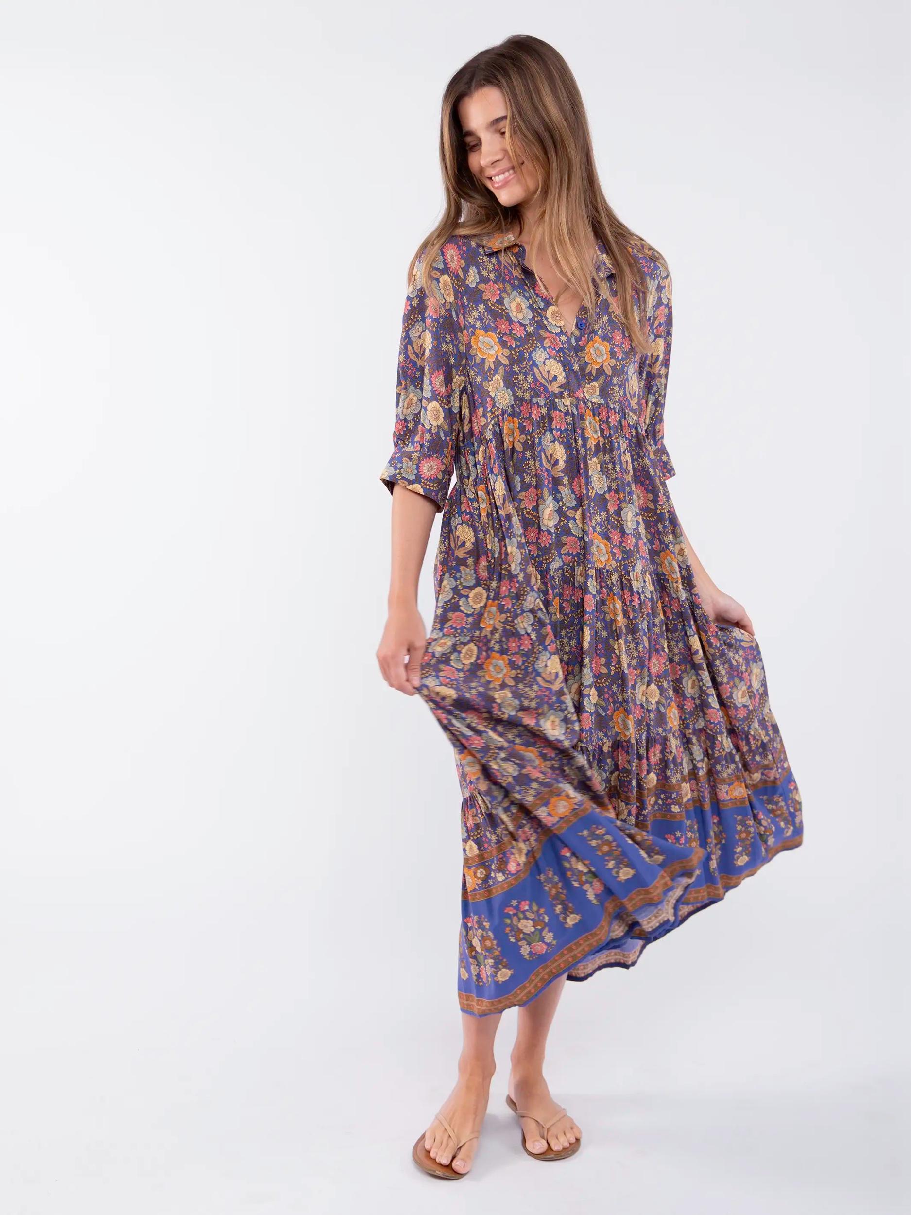 Rebecca Midi Dress - Blue Yellow Roses Product Image