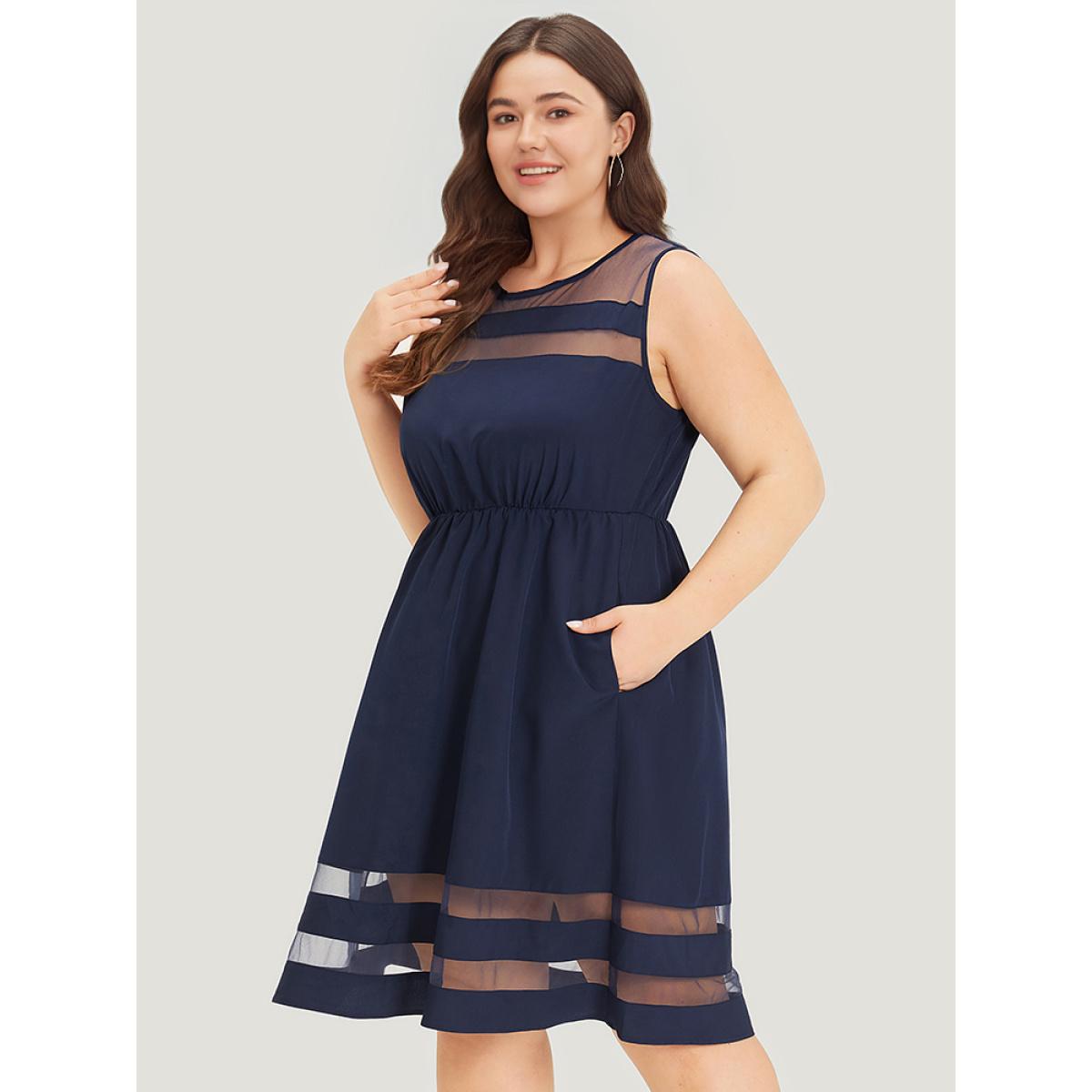 Plus Size Mesh Patchwork Pocket Elastic Waist Gathered Tank Dress DarkBlue Women Elegant Gathered Round Neck Sleeveless Curvy Knee Dress BloomChic 18-20/2X Product Image