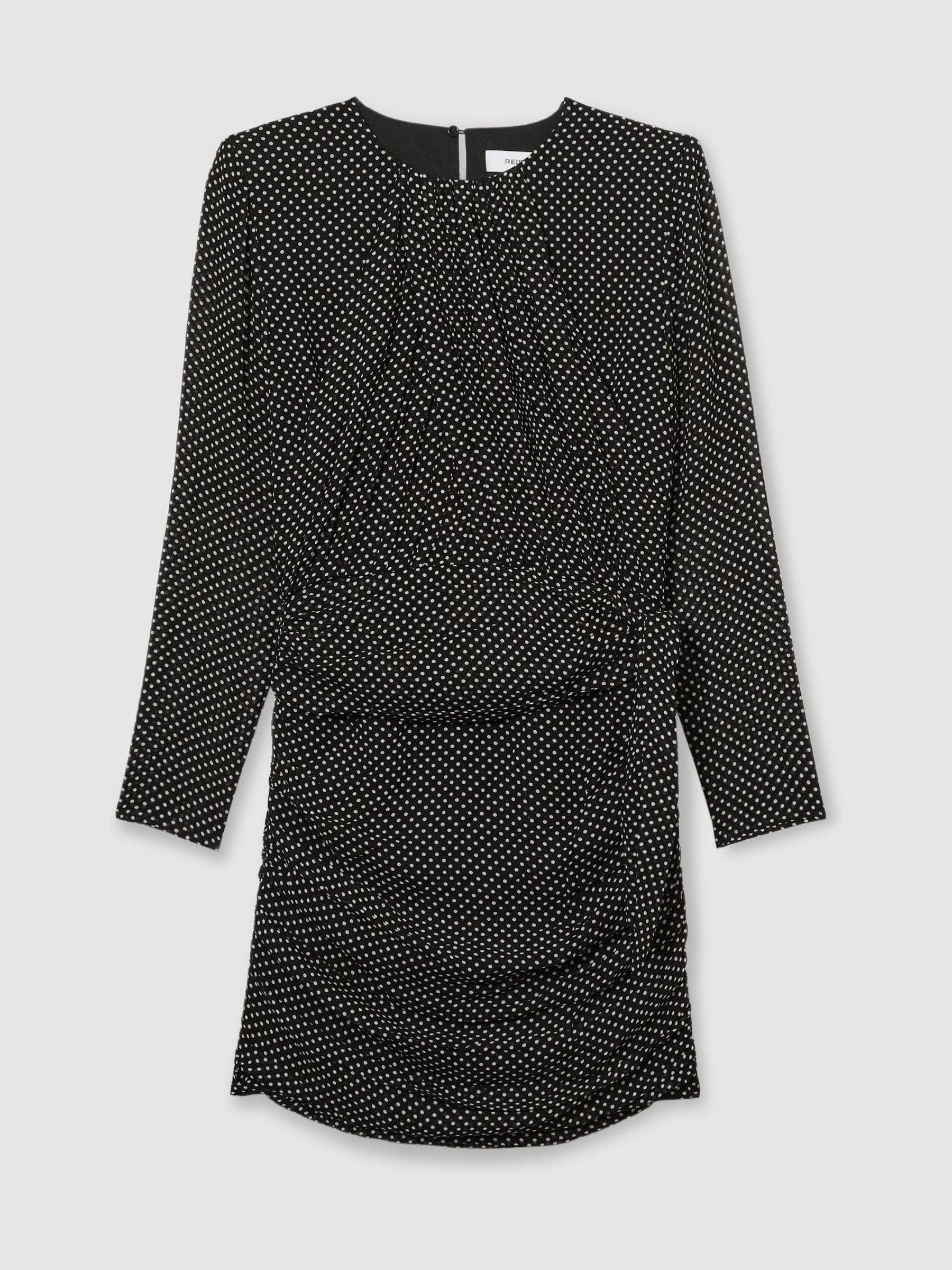 Gathered Polka-Dot Georgette Mini Dress in Black Product Image