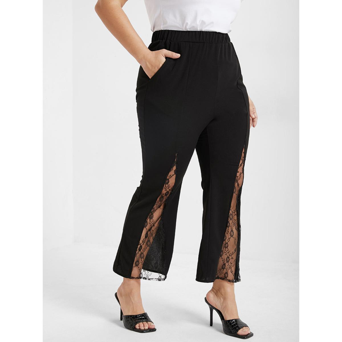 Plus Size Solid Pocket Contrast Lace Panel Pants Women Black Glamour High Rise Going out Pants BloomChic 14/1X Product Image