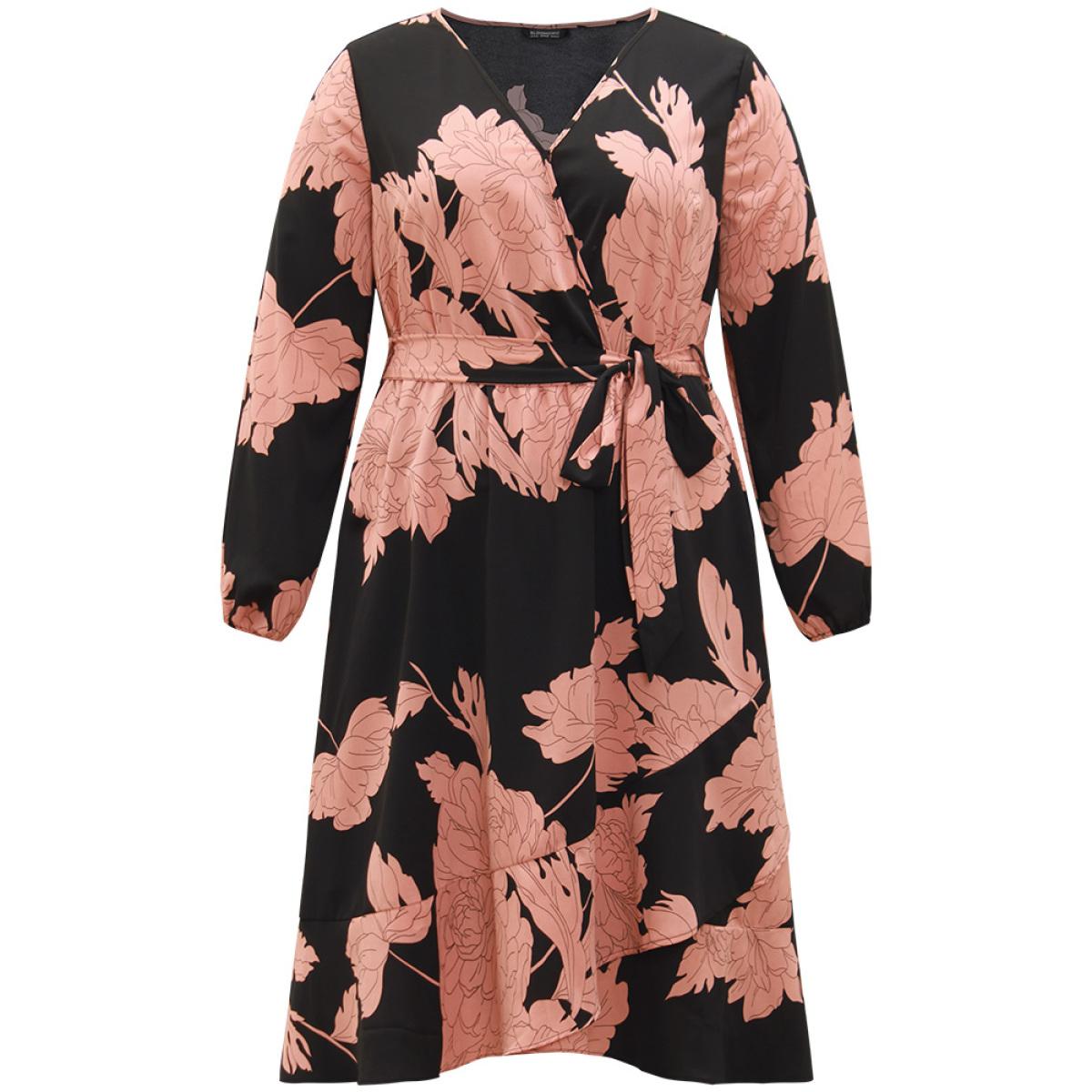 Plus Size Floral Print Belted Wrap Hem Midi Dress Black Women Elegant Elastic cuffs Overlap Collar Long Sleeve Curvy Midi Dress BloomChic 22-24/3X Product Image