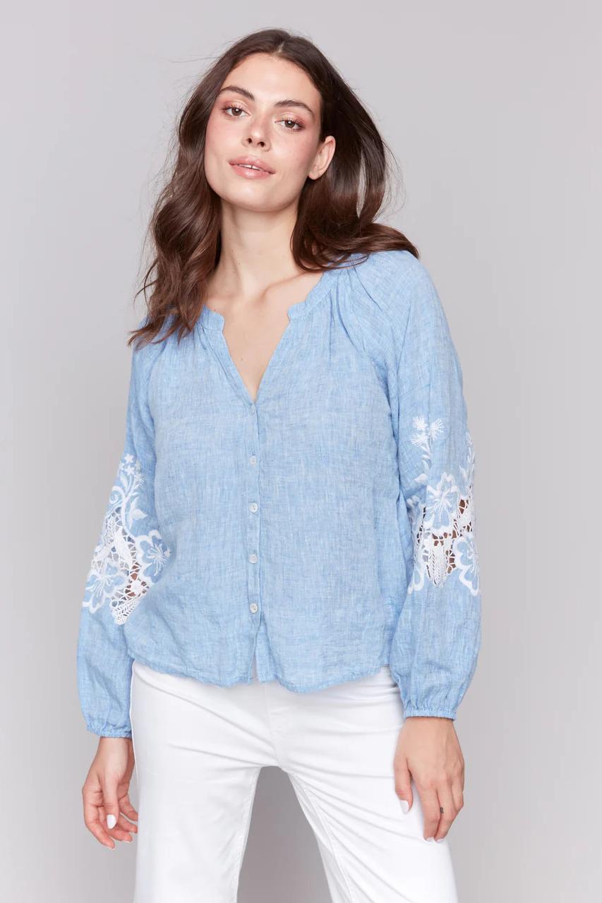 Cotton-Linen Button-Front Blouse with Embroidery Product Image
