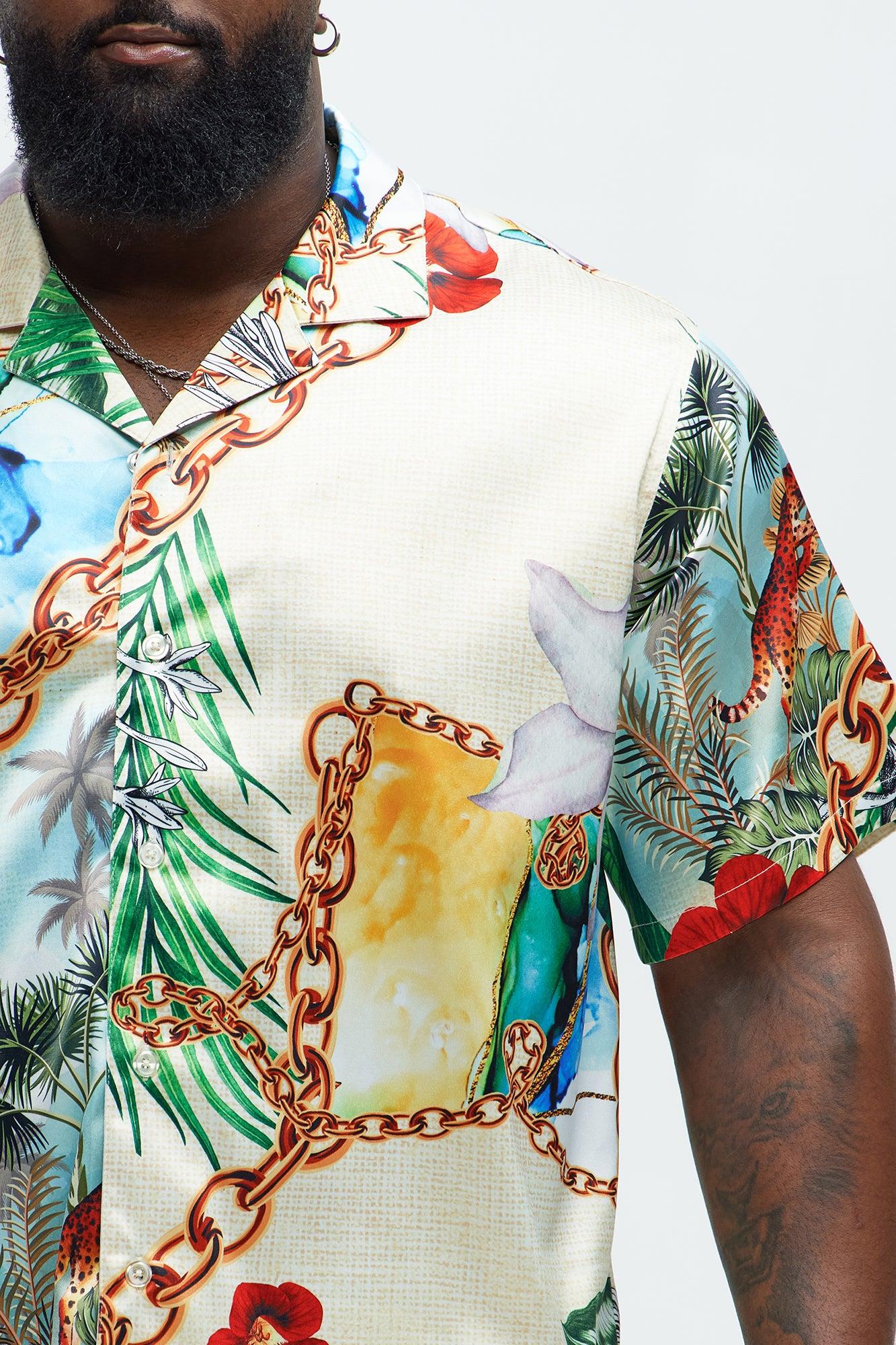 Palms And Chains Printed Cuban Collar Shirt - Multi Color Product Image