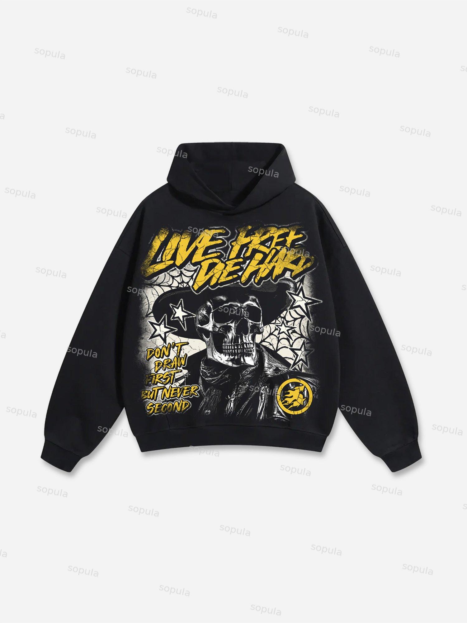 Live Free, Die Hard Skull Cowboy Vintage Graphic Cotton Hoodie Product Image