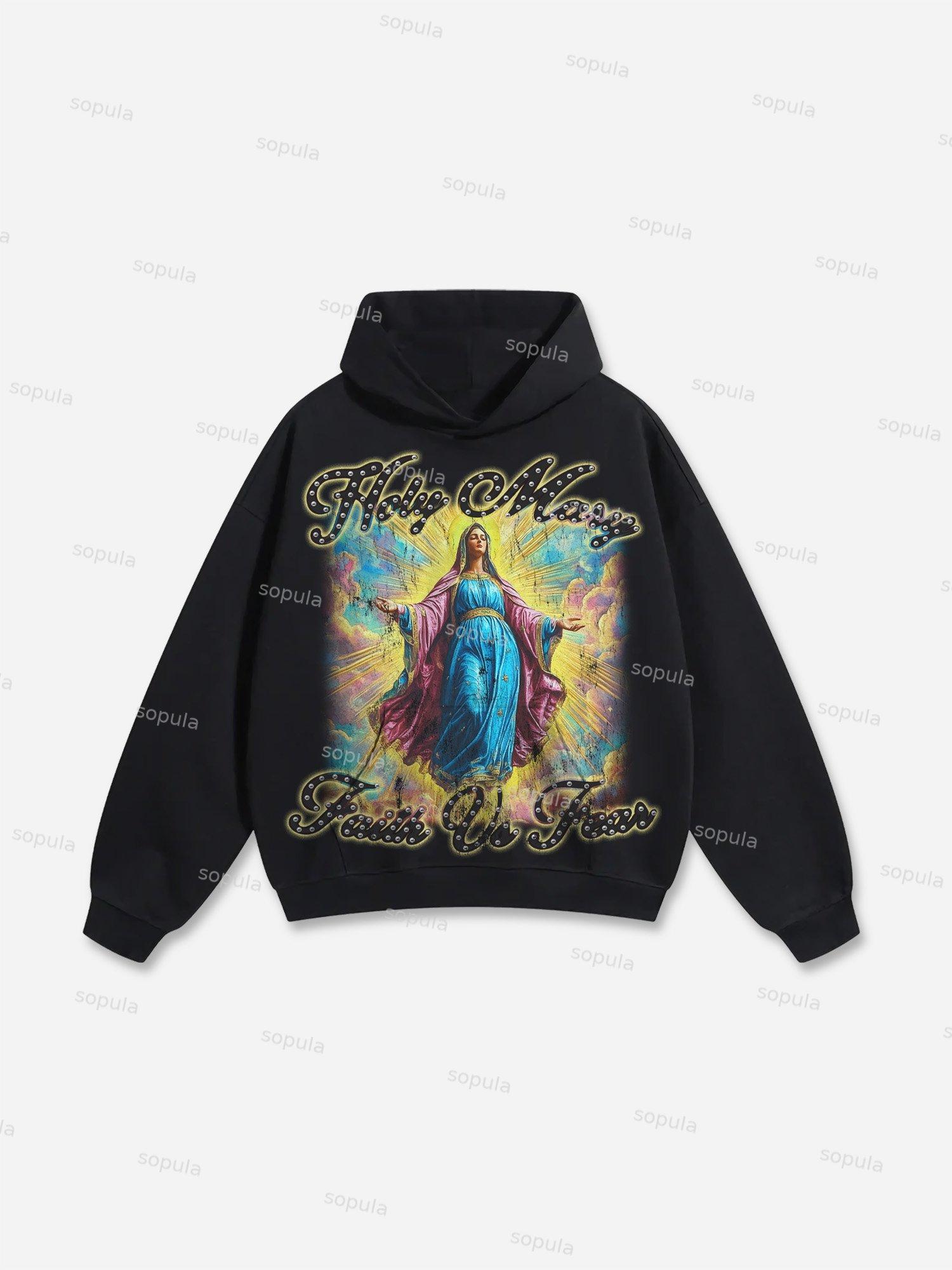 Men's Faith Vintage Holy Mary Graphic Cotton Hoodie Product Image