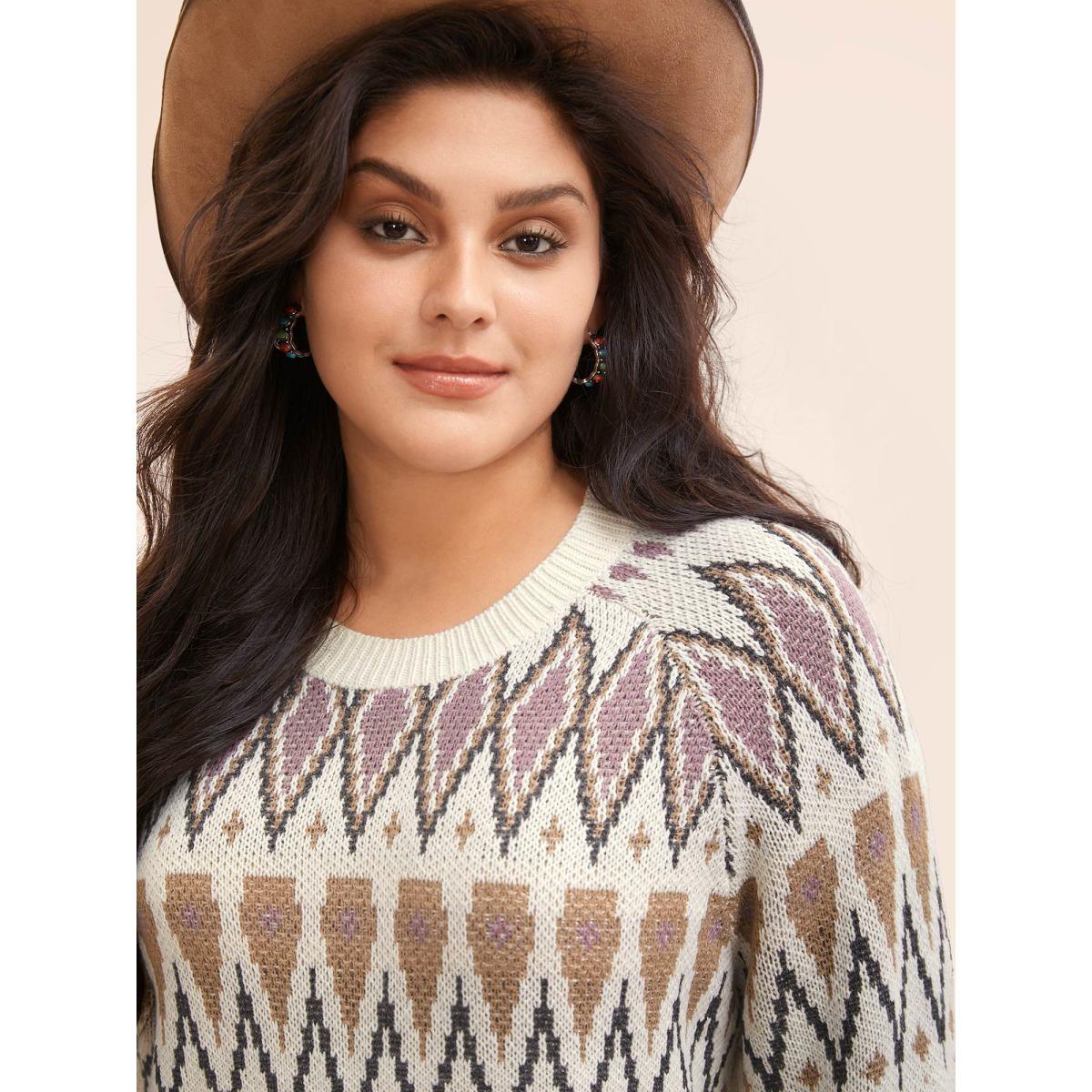 Plus Size Fair Isle Jacquard Crew Neck Pullover Beige Women Casual Long Sleeve Round Neck Everyday Pullovers BloomChic 18-20/2X Product Image