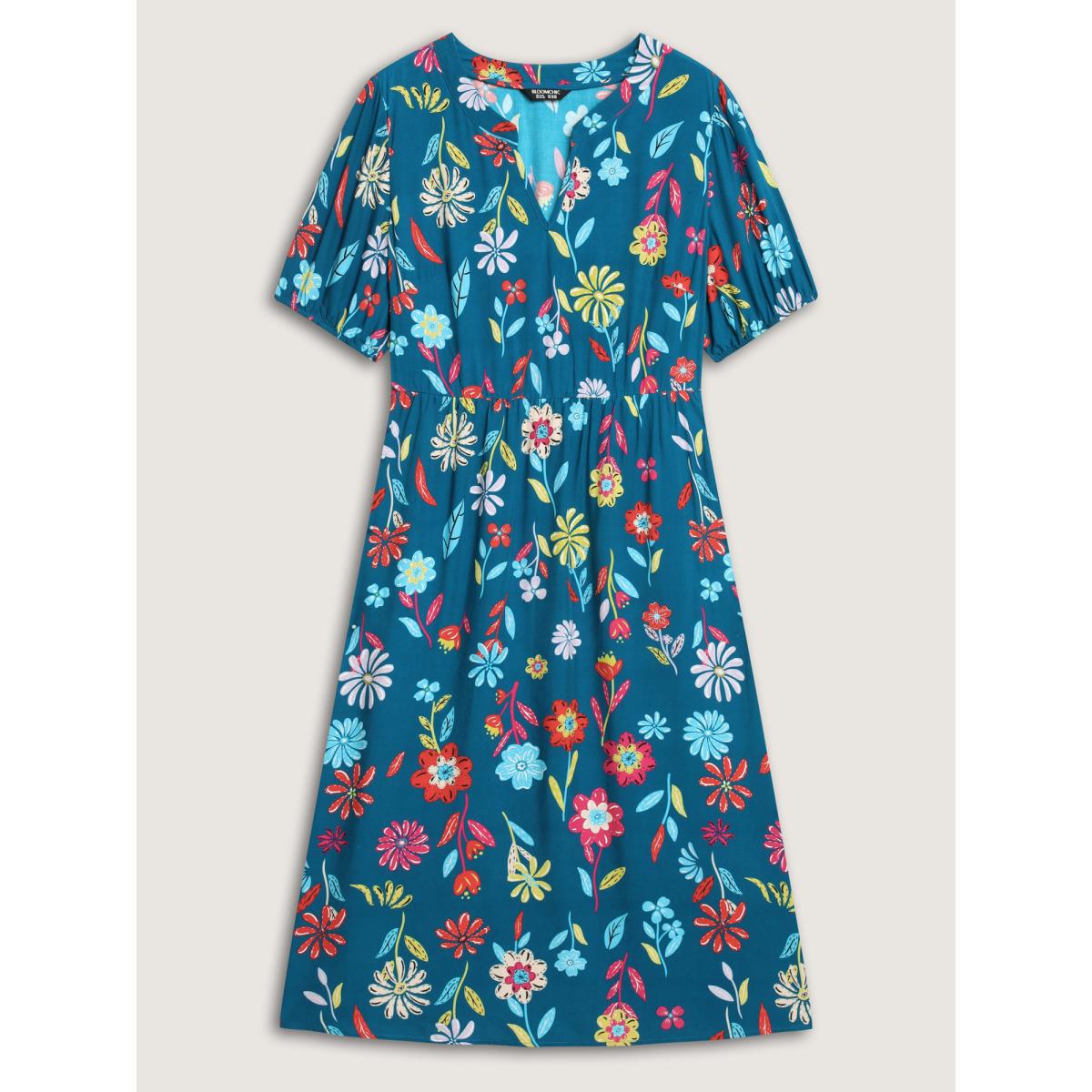 Plus Size Rayon Floral Print Midi Dress DarkBlue Women Notched collar Short sleeve Curvy BloomChic 10/M Product Image