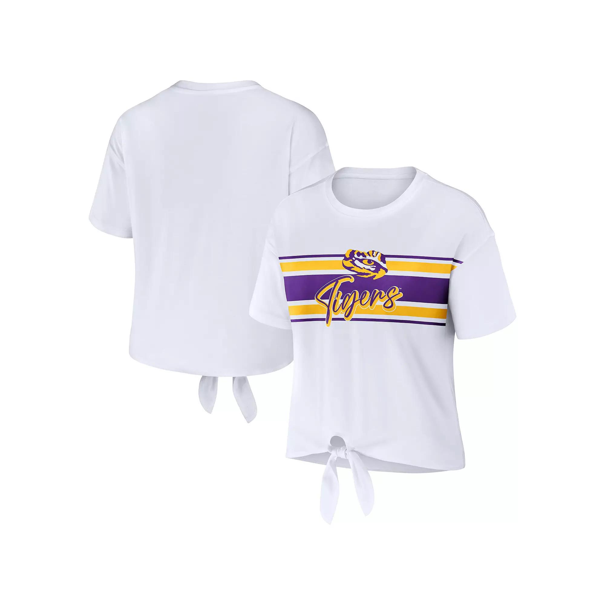 Women's WEAR by Erin Andrews White LSU Tigers Striped Front Knot Cropped T-Shirt, Size: XL Product Image