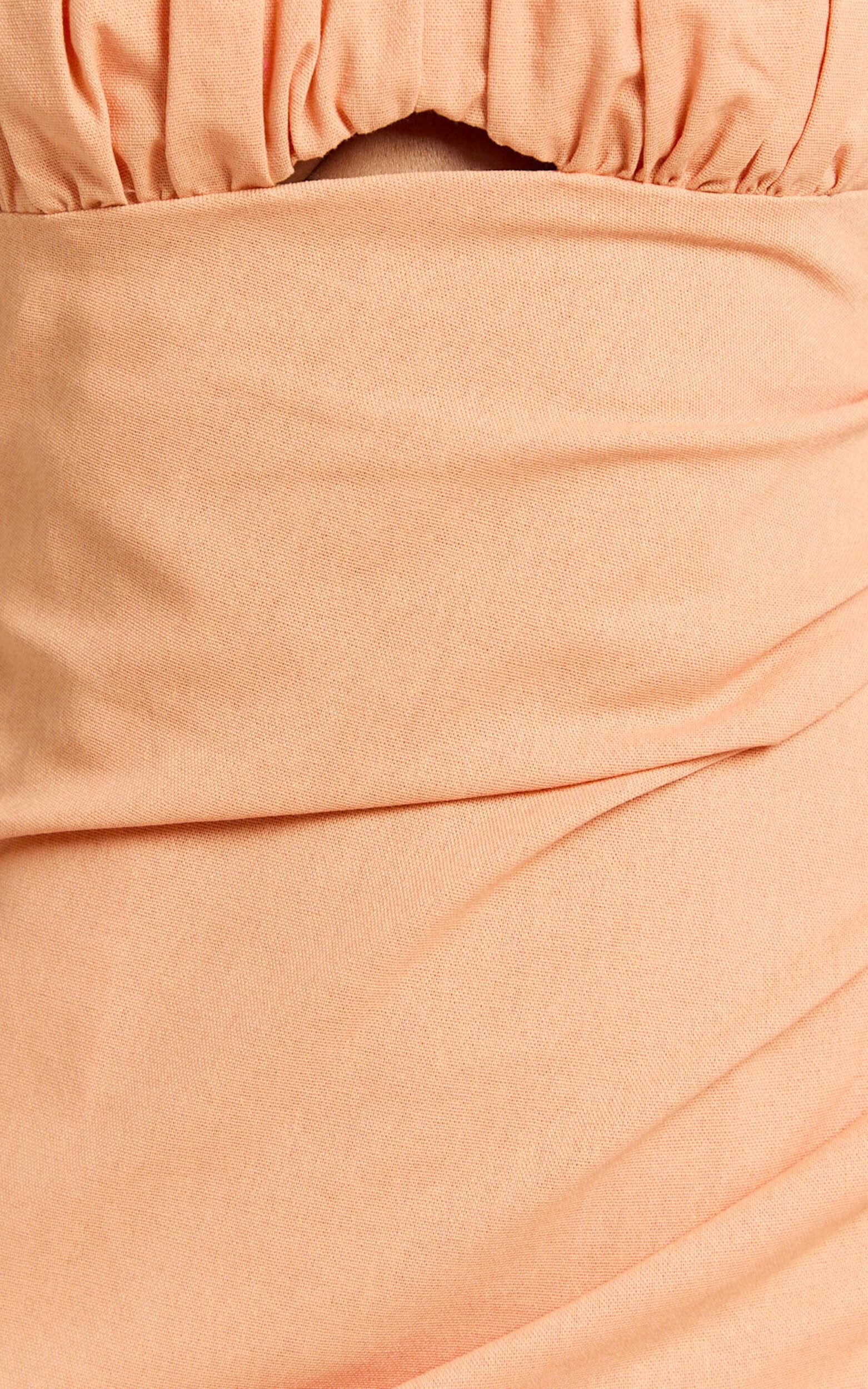 Frederica Midi Linen Blend Dress - Gathered Sweetheart Tie Back Front Split Dress in Orange Product Image