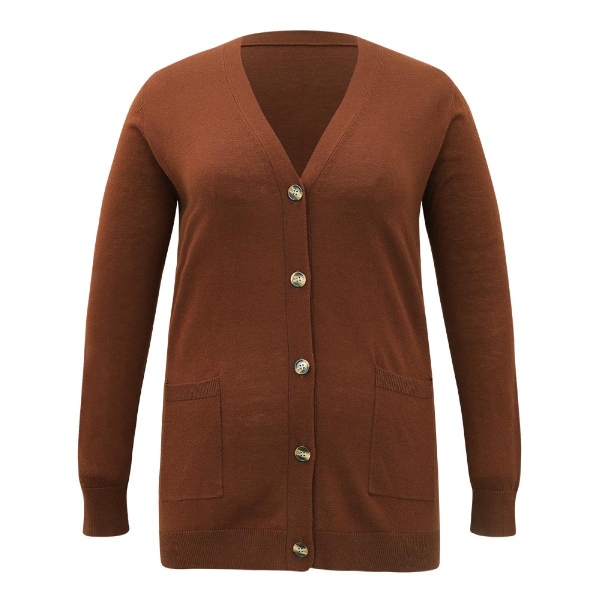 Plus Size Supersoft Essentials Button Up Patched Pocket Cardigan Maroon Women Casual Loose Long Sleeve Everyday Cardigans BloomChic 12/L Product Image