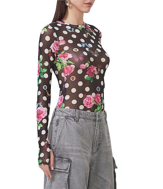 AFRM Kaylee Mesh Dotted Floral Printed Crew Neck Long Sleeve Top Product Image