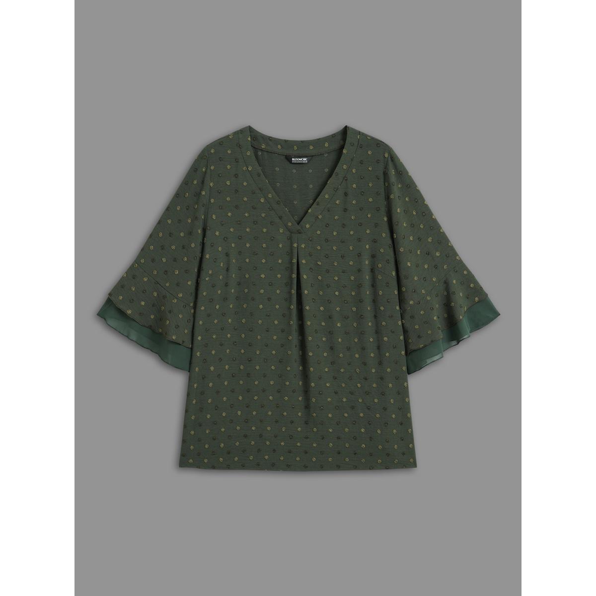 Plus Size ArmyGreen Textured Pleated Tiered Ruffle Sleeve Blouse Women Elegant Elbow-length sleeve V-neck Everyday Blouses BloomChic 18-20/2X Product Image