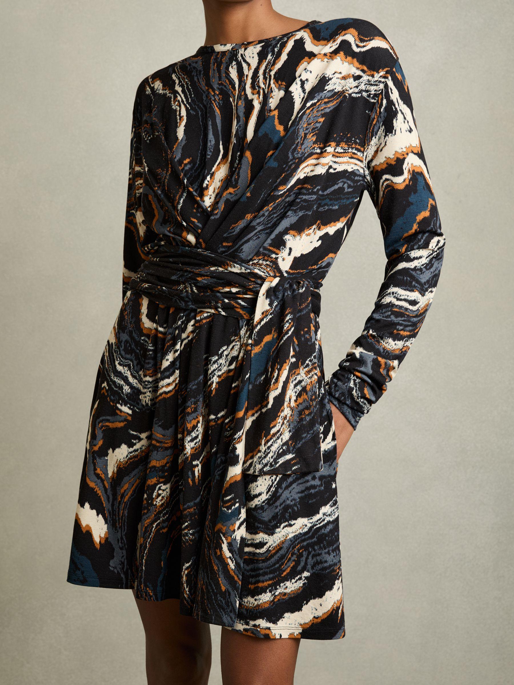 Jersey Printed Tie-Waist Mini Dress in Black/Blue Product Image